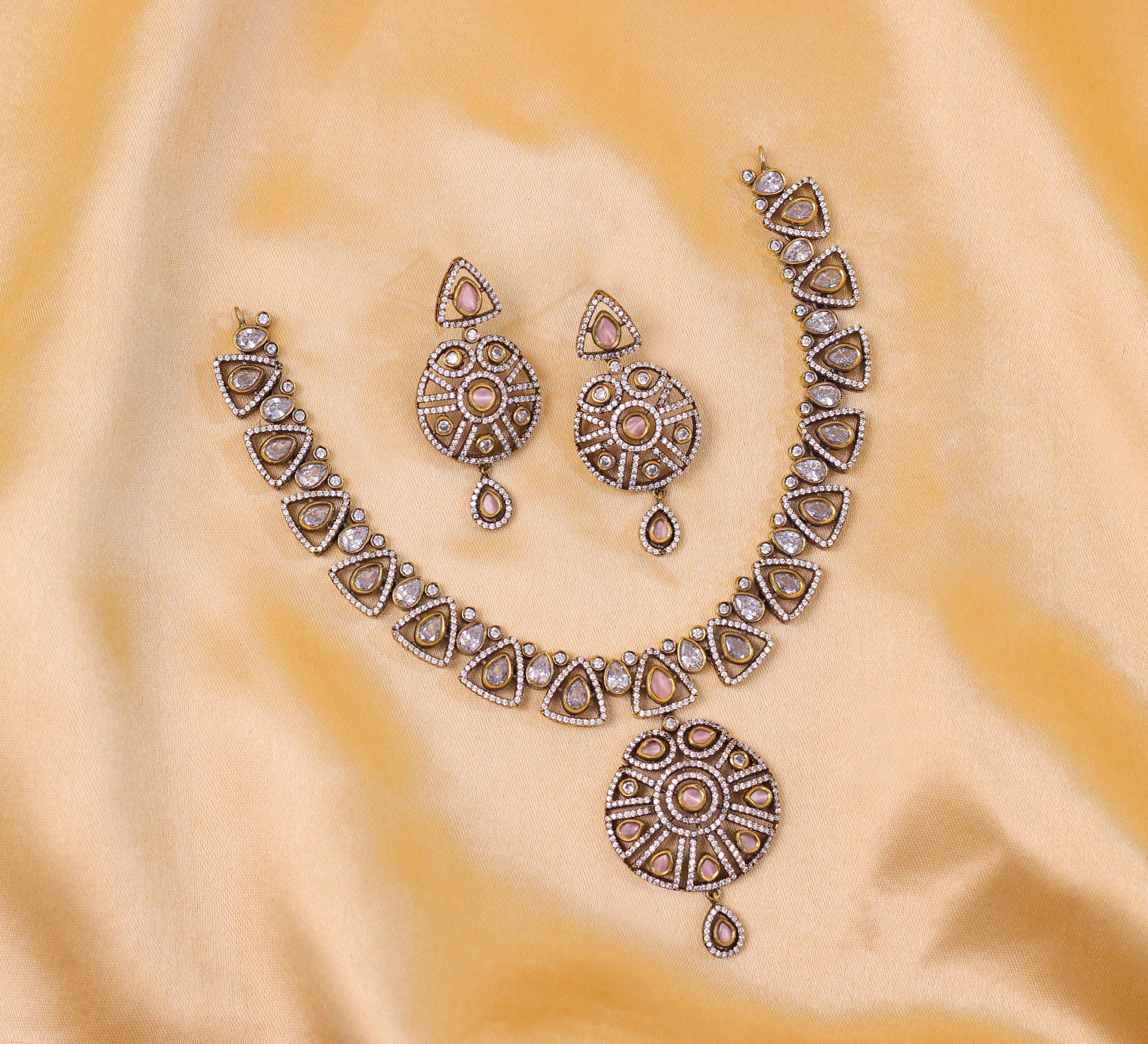 Victorian-Inspired Kundan Polki Necklace Set with Hydro Stones - Adisha Jewels