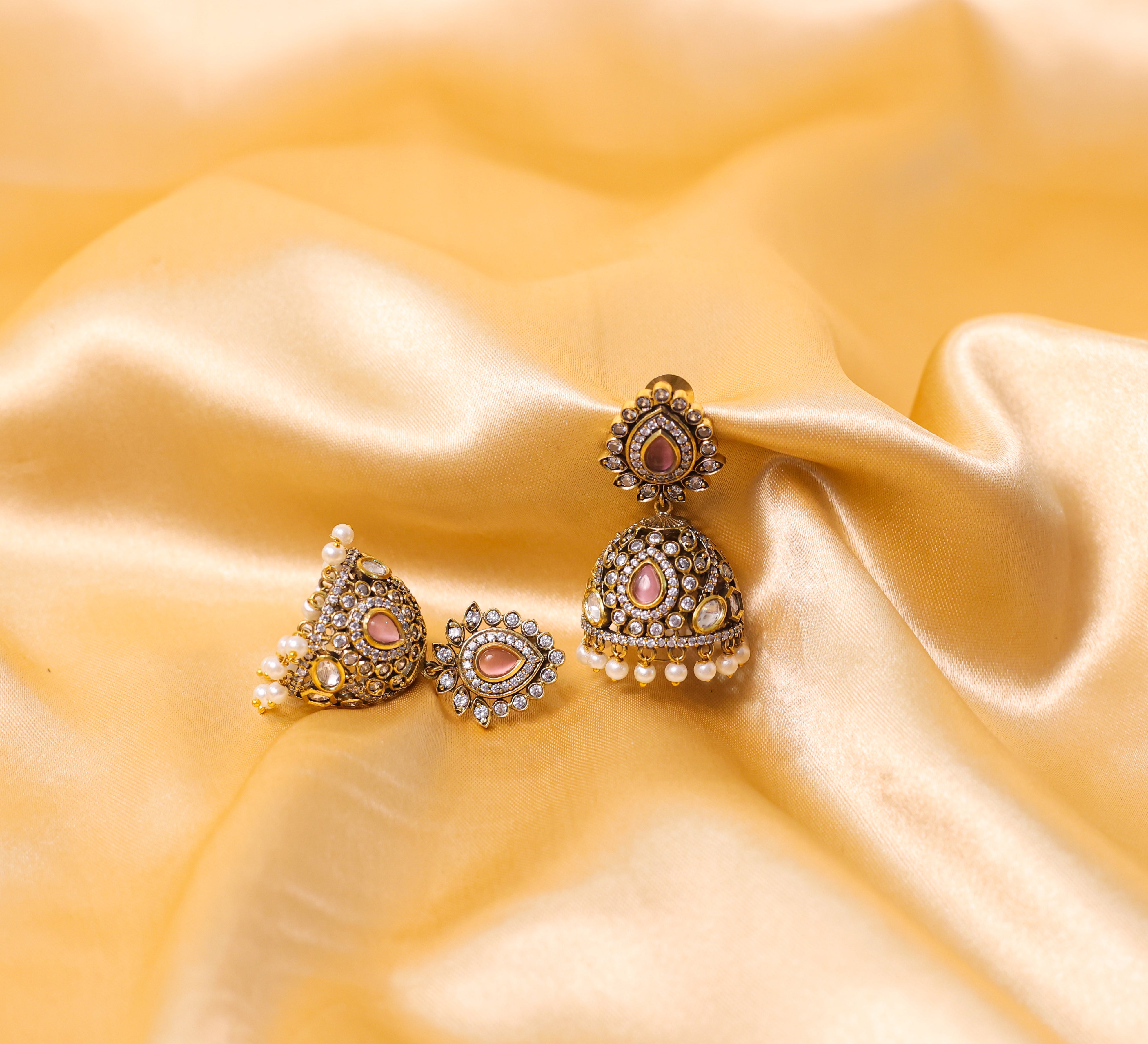 Silver Foil Victorian Jhumki Earrings with Kundan Polki and Hydro Stones - Adisha Jewels