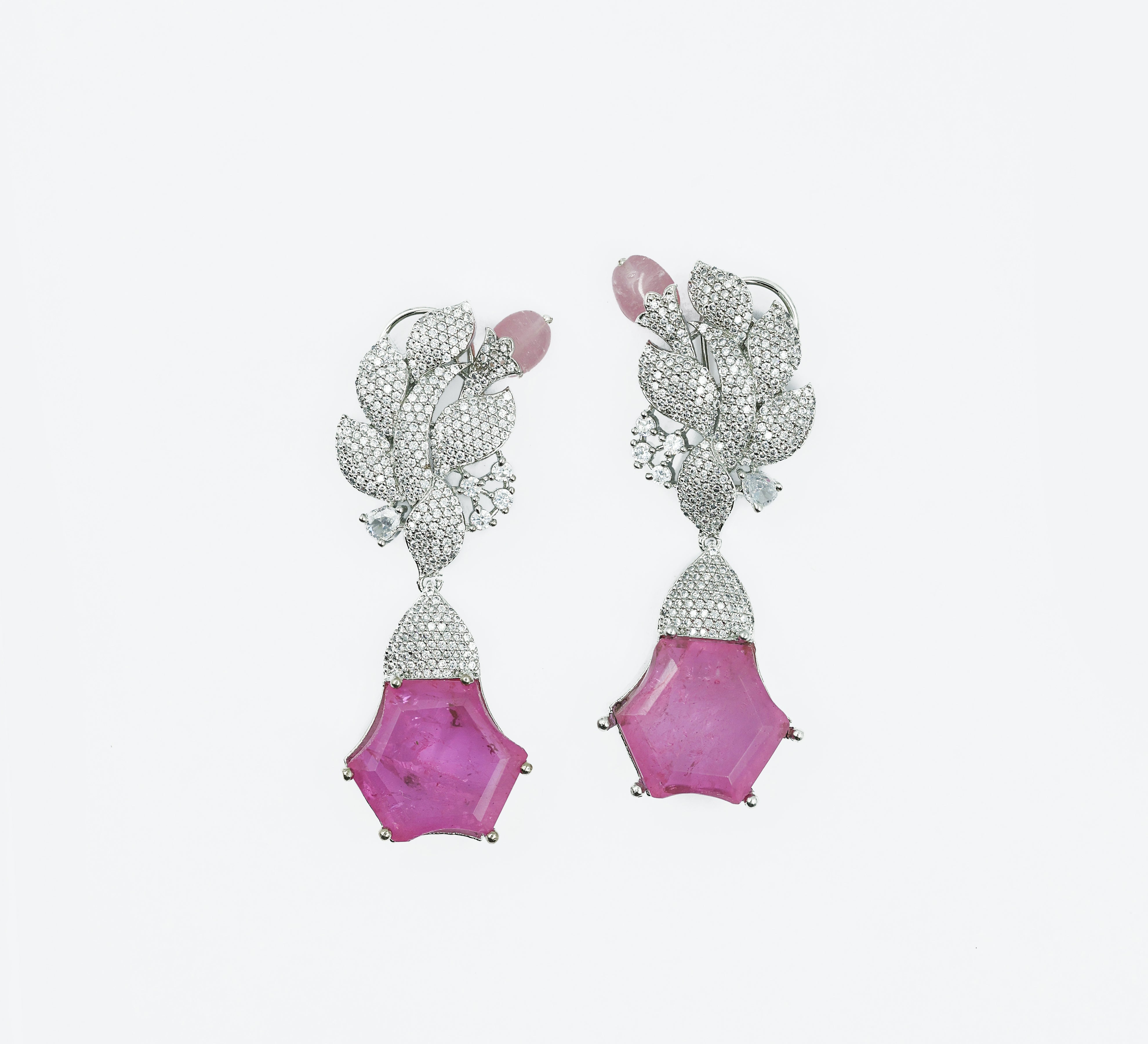 Beaded Earrings with Doublet Stones and CZ in White Rhodium - Adisha Jewels