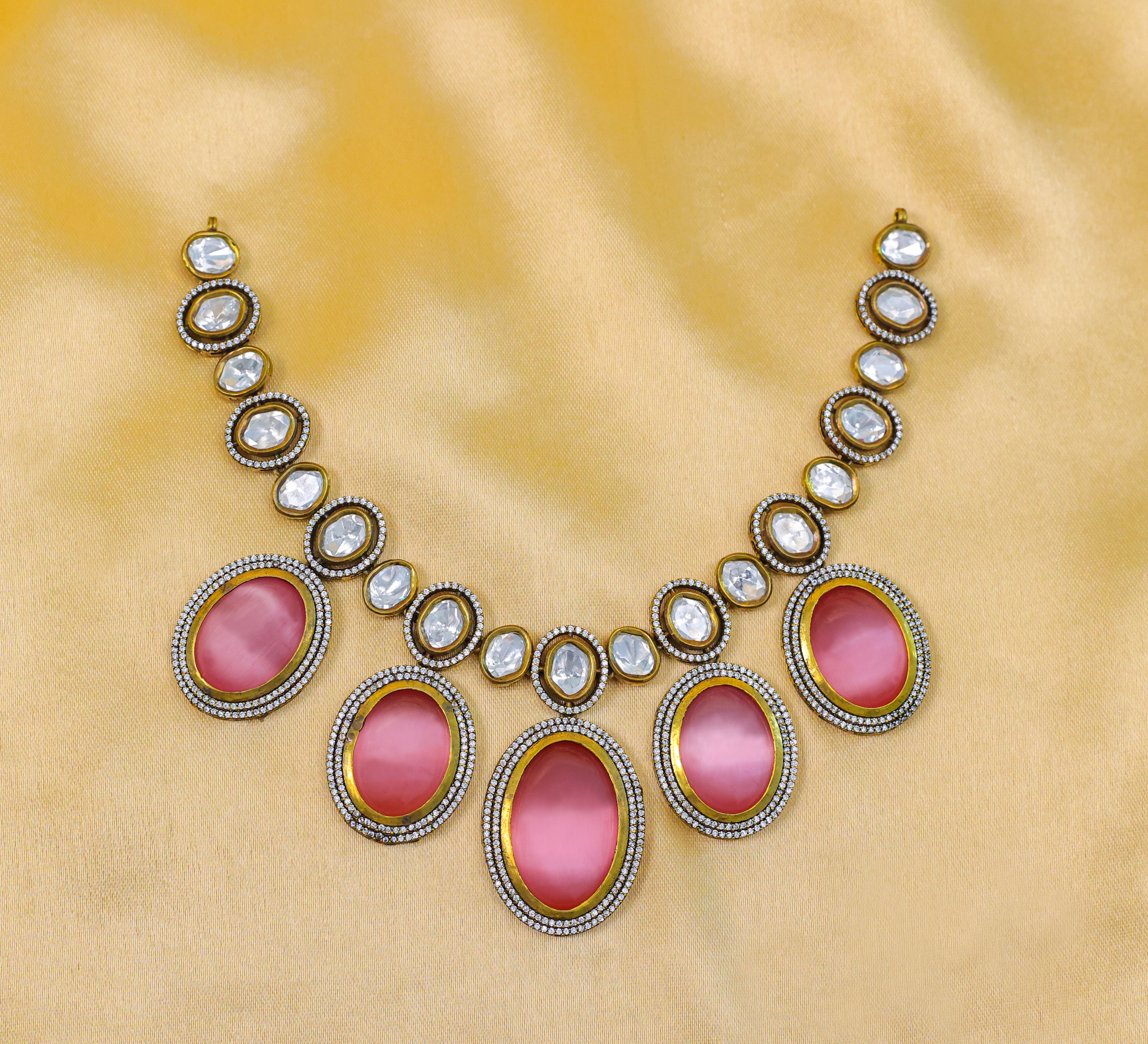 Victorian-Inspired Necklace Set with Hydro Stones & Kundan Polki - Adisha Jewels