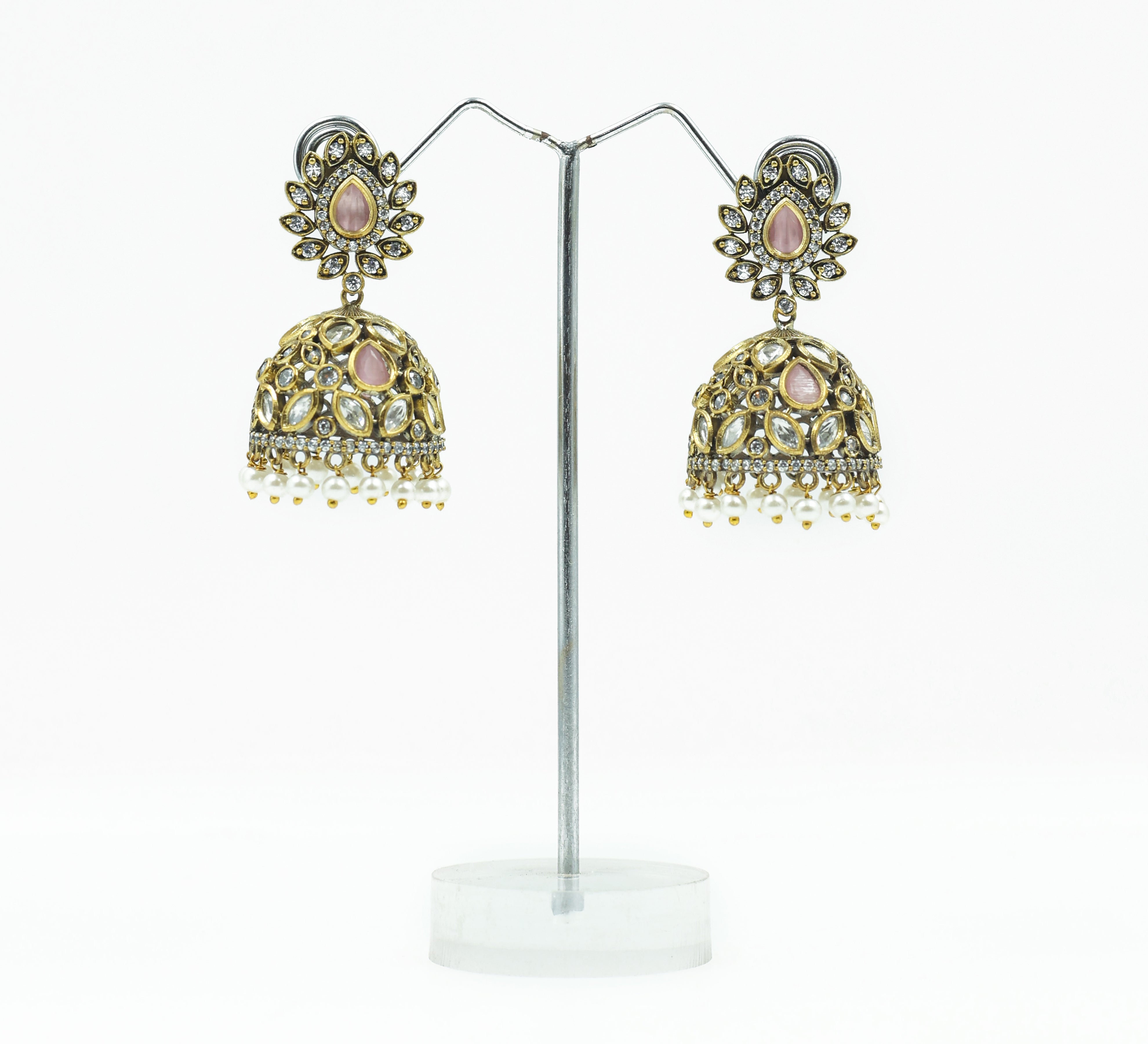 Silver Foil Victorian Jhumki Earrings with Kundan Polki and Hydro Stones - Adisha Jewels