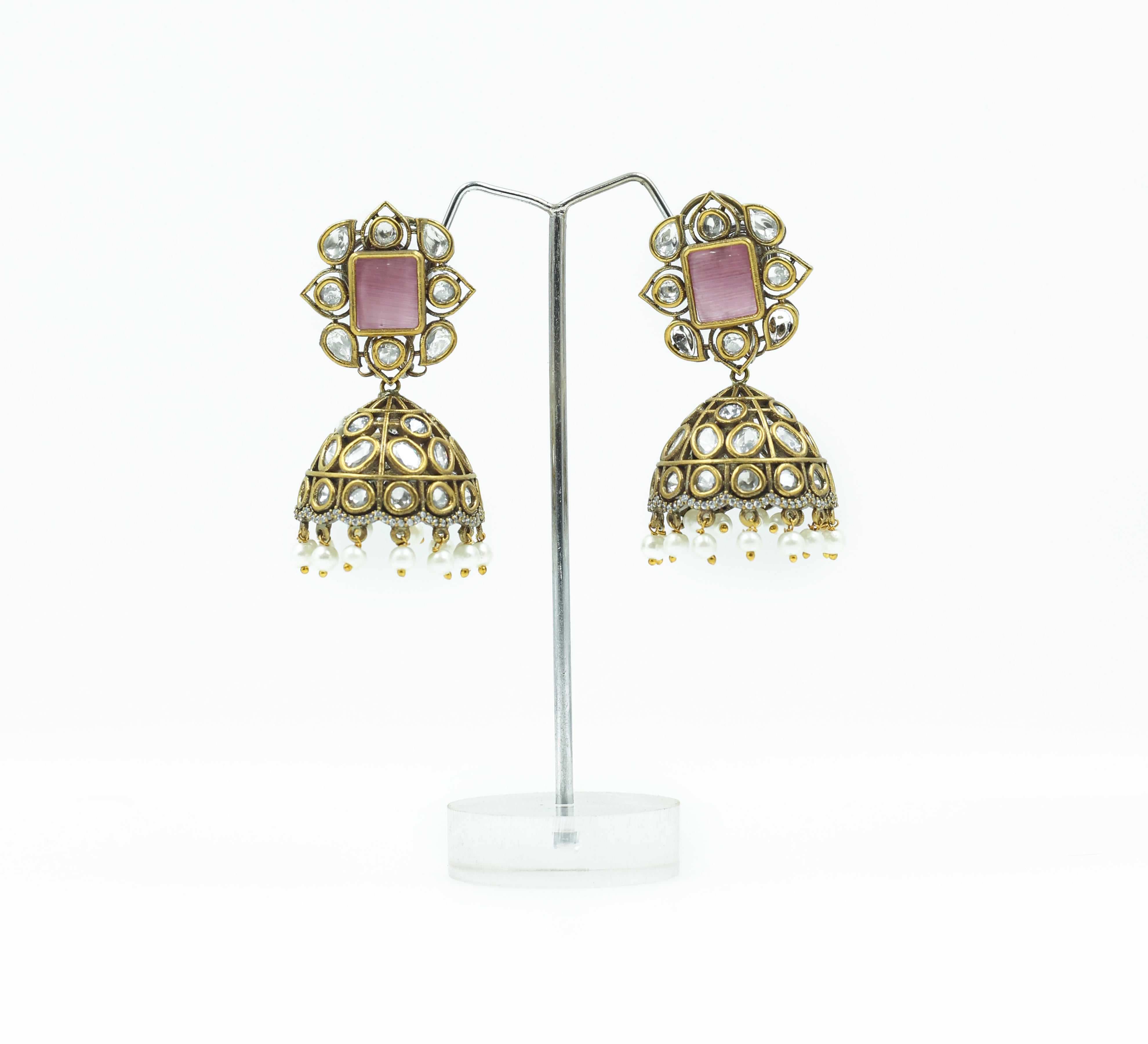 Silver Foil Victorian Jhumki Earrings with Kundan Polki and Hydro Stones - Adisha Jewels