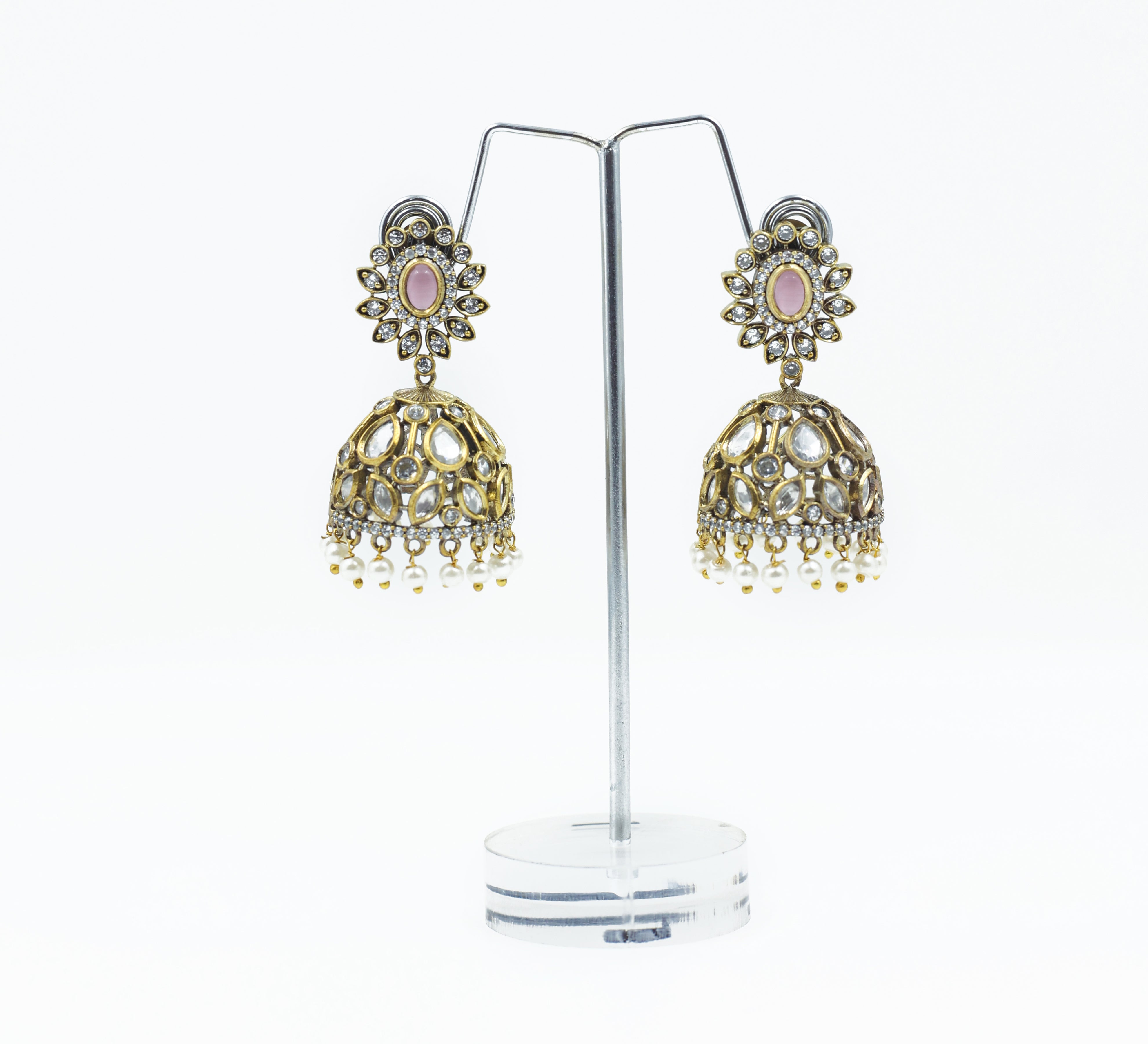 Silver Foil Victorian Jhumki Earrings with Kundan Polki and Hydro Stones - Adisha Jewels