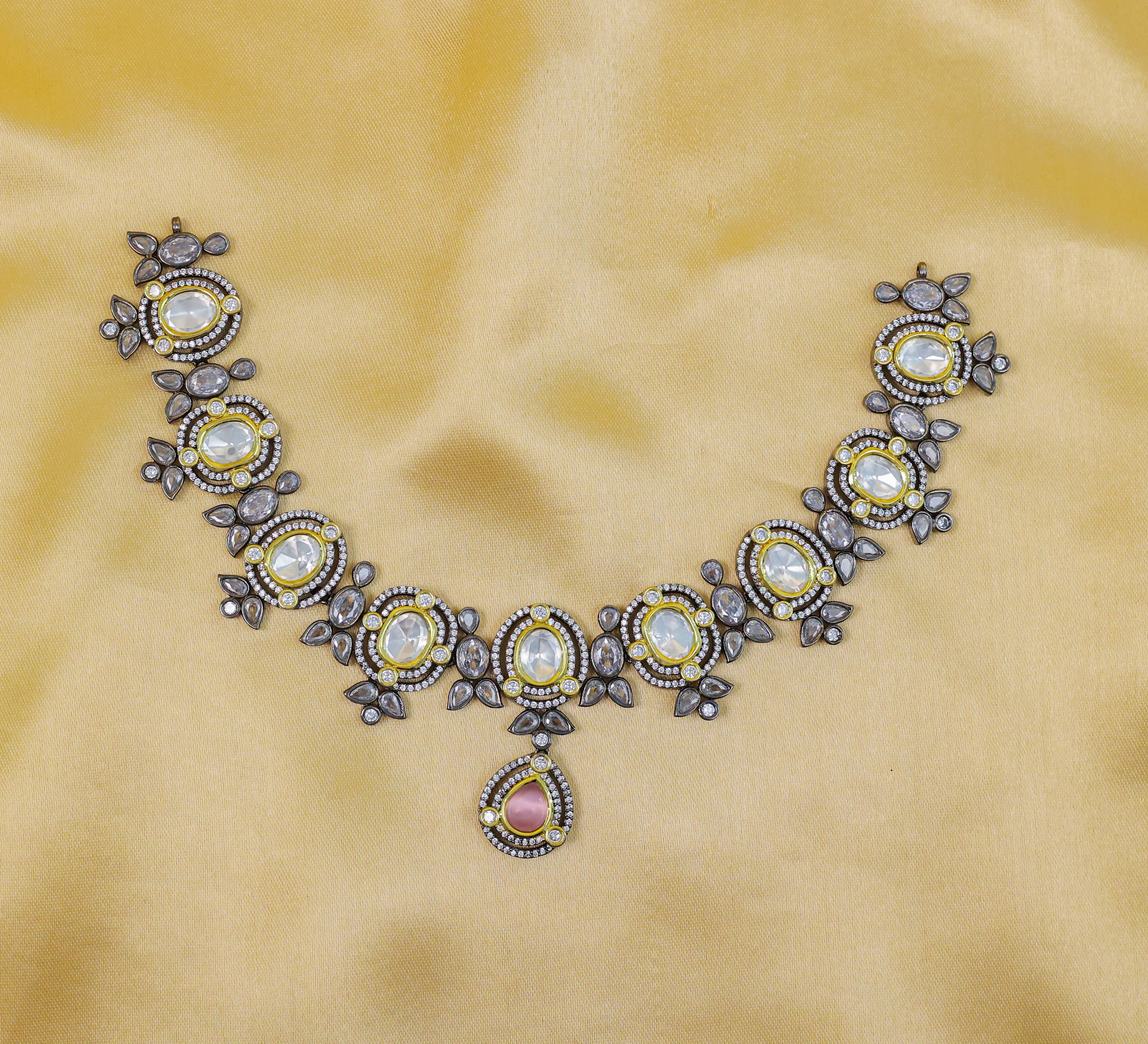 Victorian-Inspired Necklace Set with Hydro Stones & Kundan Polki - Adisha Jewels