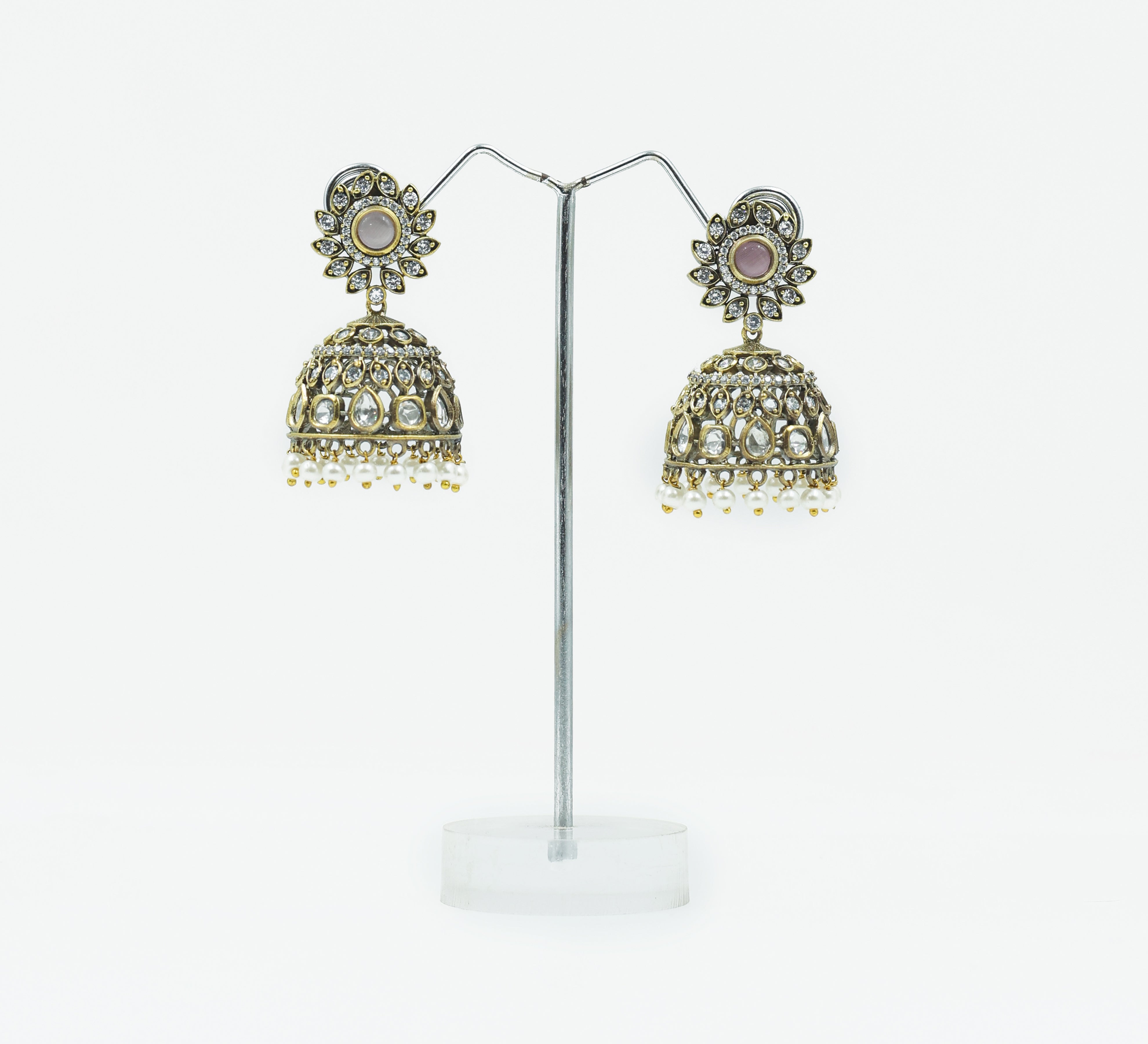 Silver Foil Victorian Jhumki Earrings with Kundan Polki and Hydro Stones - Adisha Jewels