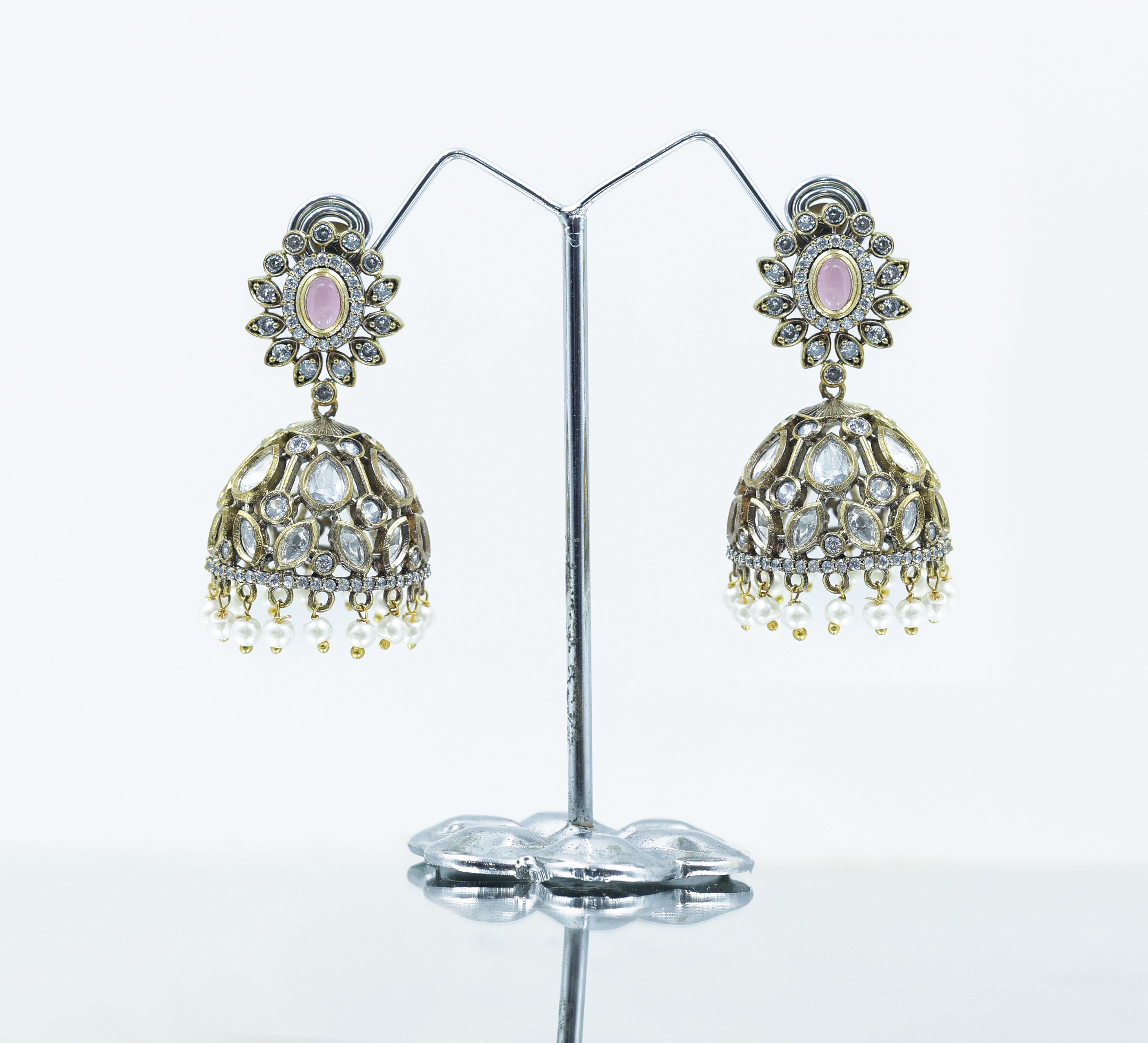 Silver Foil Victorian Jhumki Earrings with Kundan Polki and Hydro Stones - Adisha Jewels