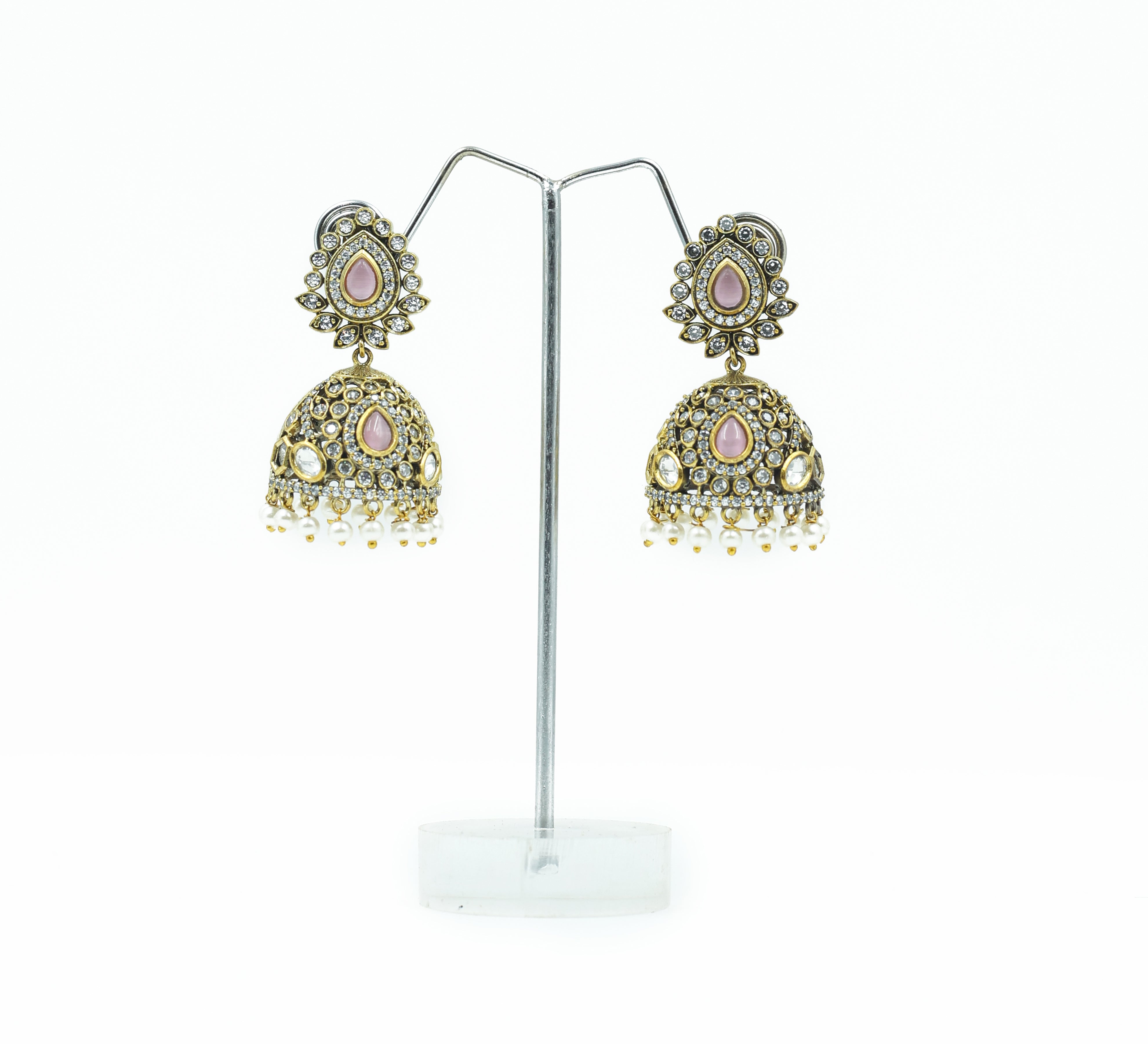 Silver Foil Victorian Jhumki Earrings with Kundan Polki and Hydro Stones - Adisha Jewels