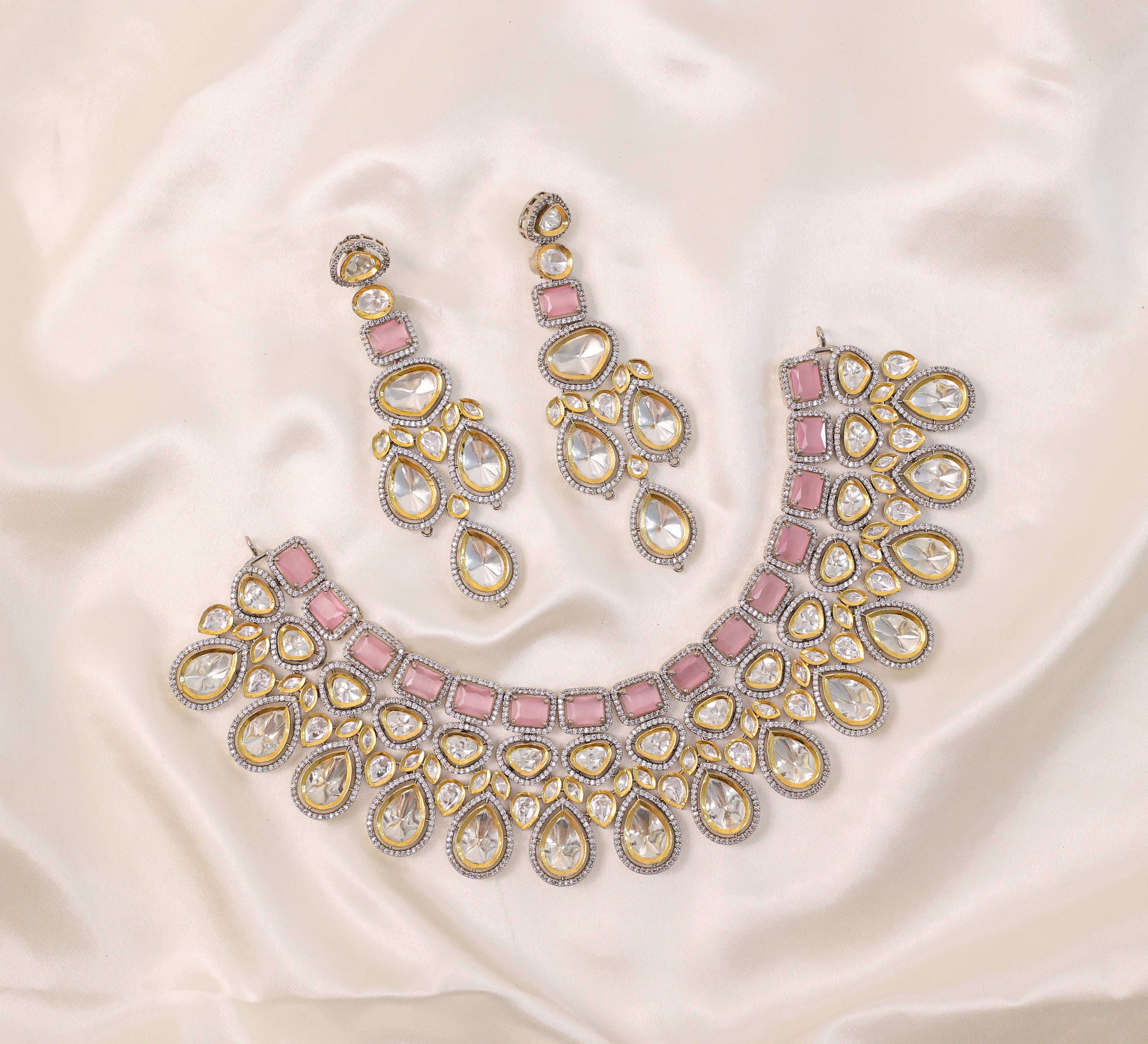 Victorian-Inspired Kundan Polki Necklace Set with Hydro Stones - Adisha Jewels