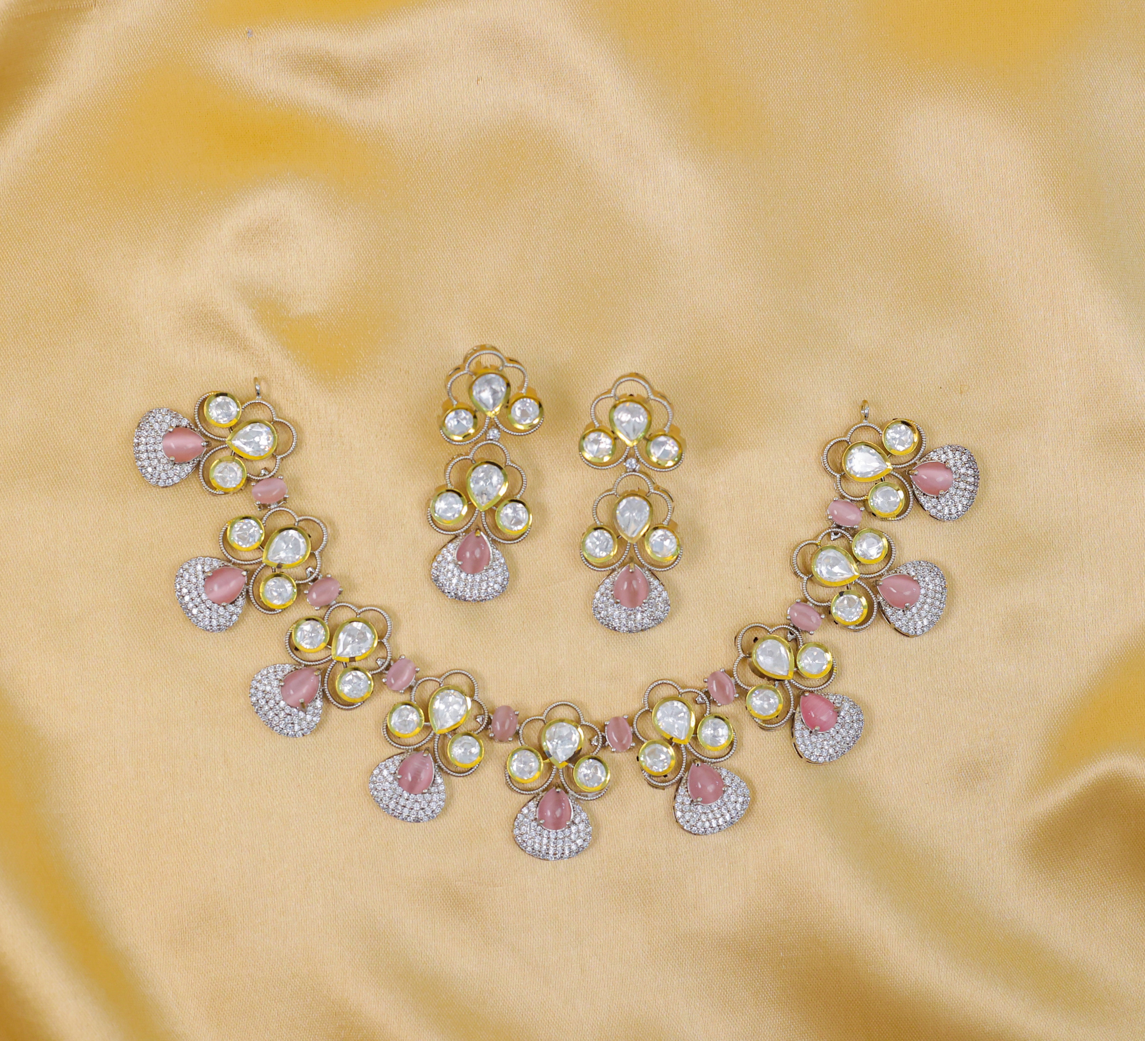 Victorian-Inspired Necklace Set with Hydro Stones & Kundan Polki - Adisha Jewels