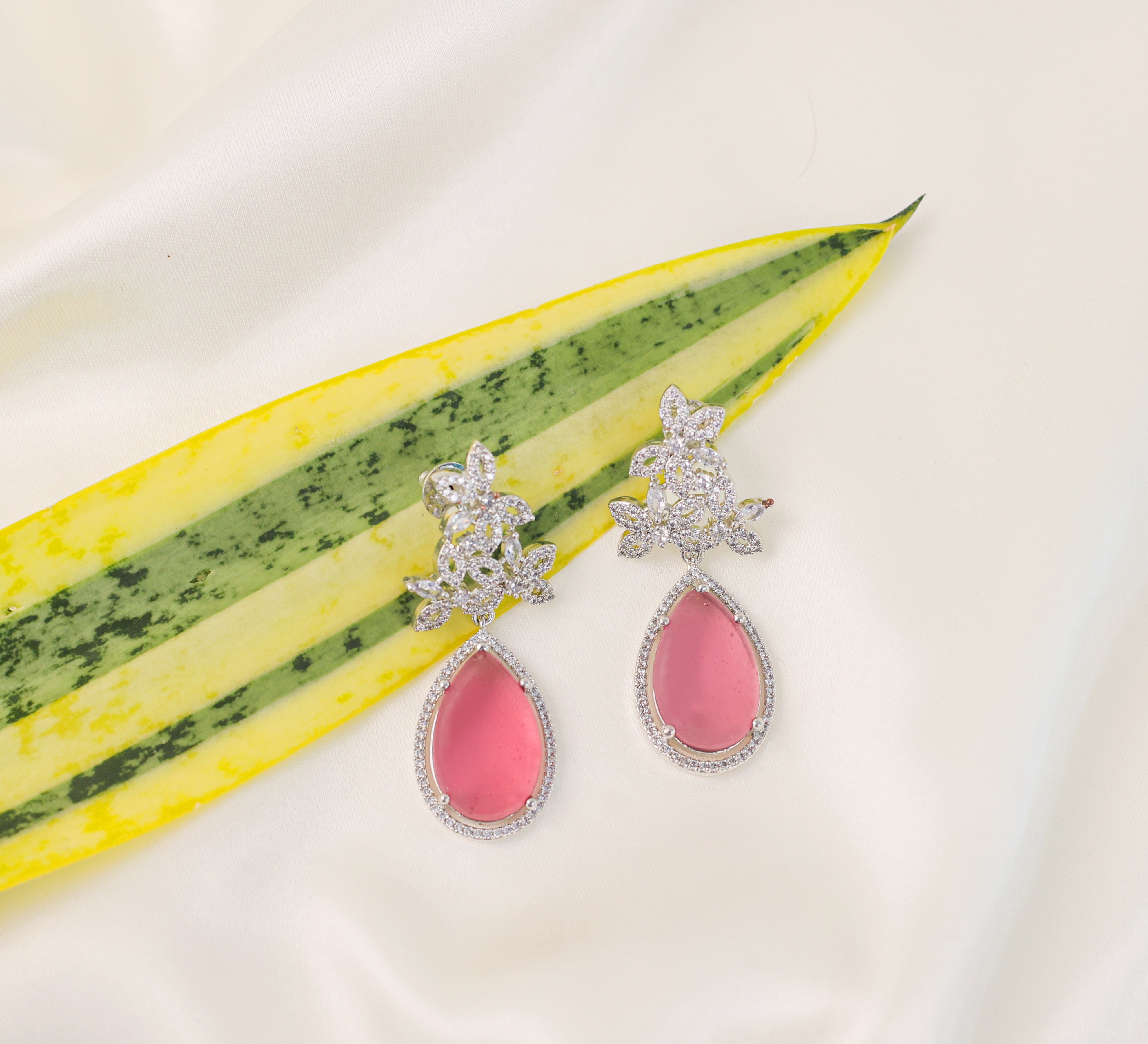 Hydro Stones Earrings with White Rhodium Plating - Adisha Jewels