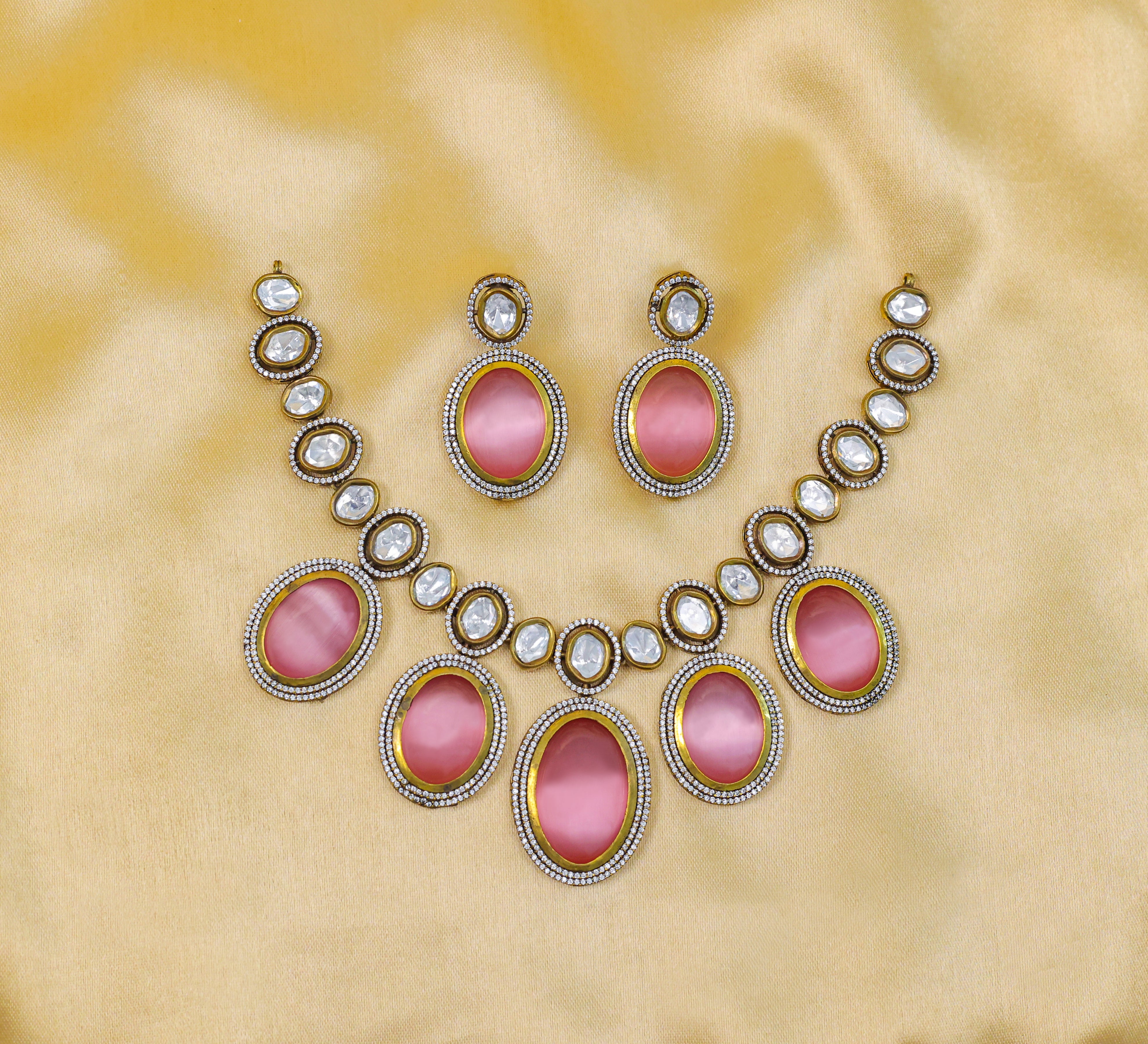 Victorian-Inspired Necklace Set with Hydro Stones & Kundan Polki - Adisha Jewels