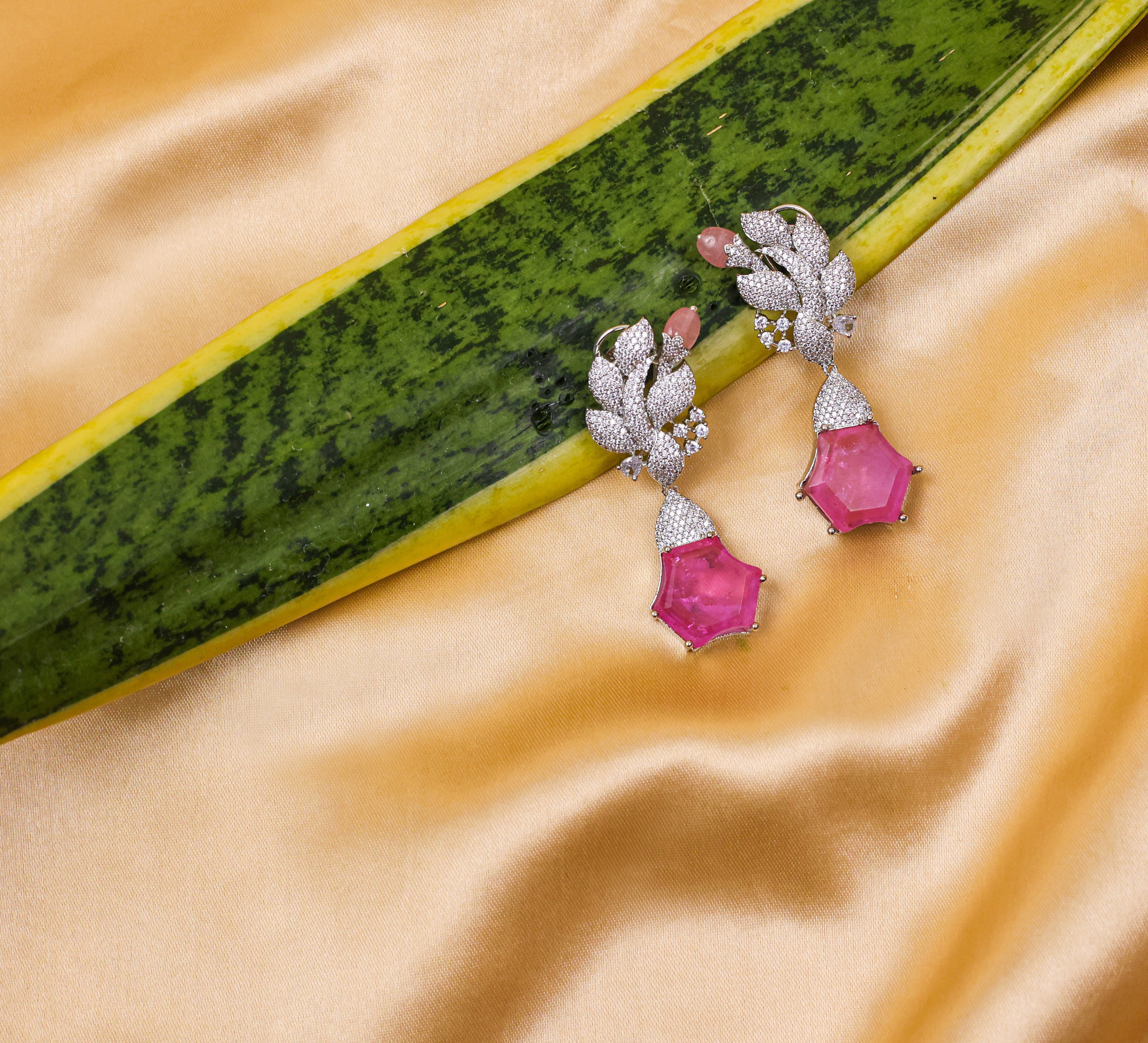 Beaded Earrings with Doublet Stones and CZ in White Rhodium - Adisha Jewels