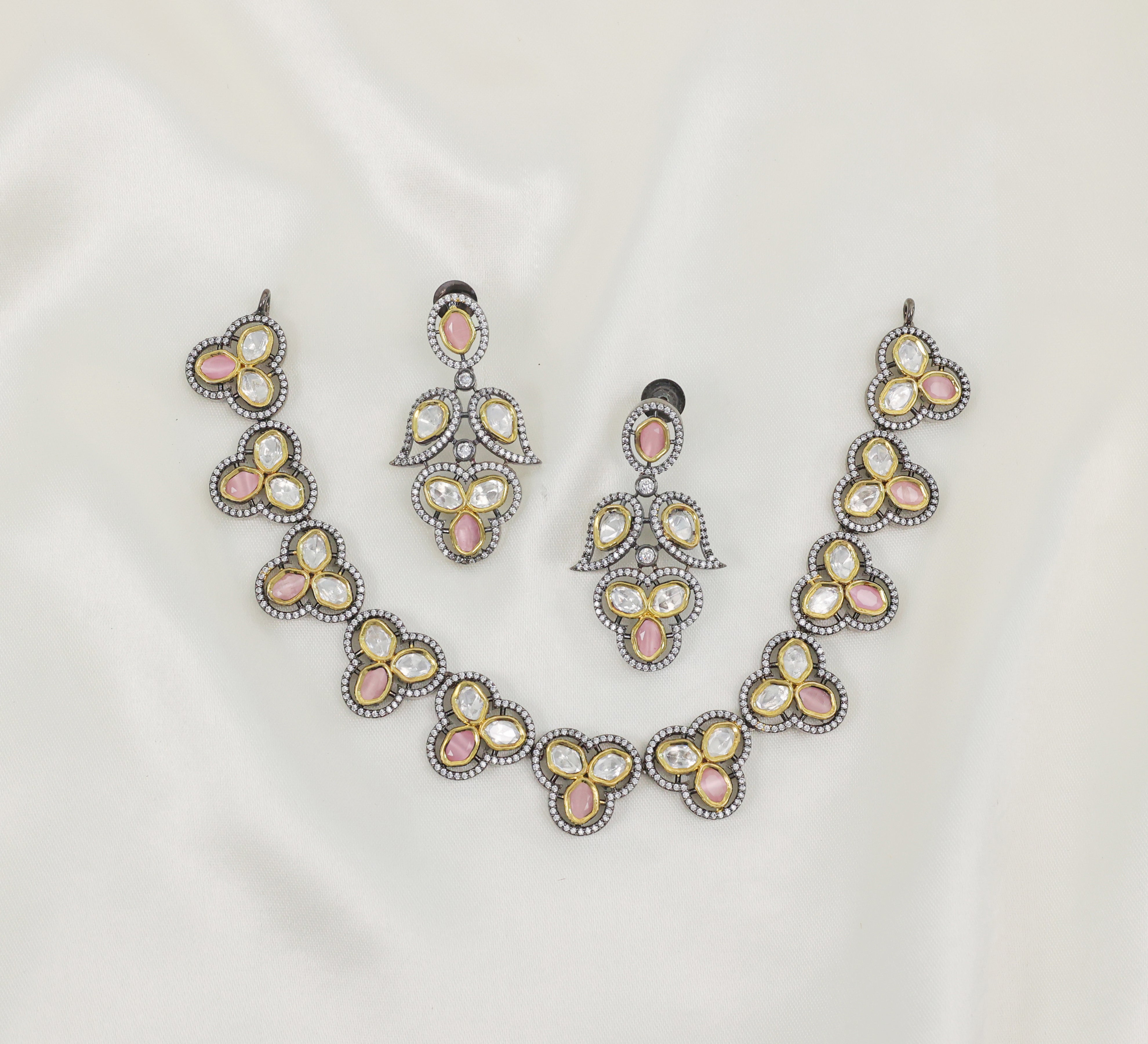 Victorian-Inspired Necklace Set with Hydro Stones & Kundan Polki - Adisha Jewels