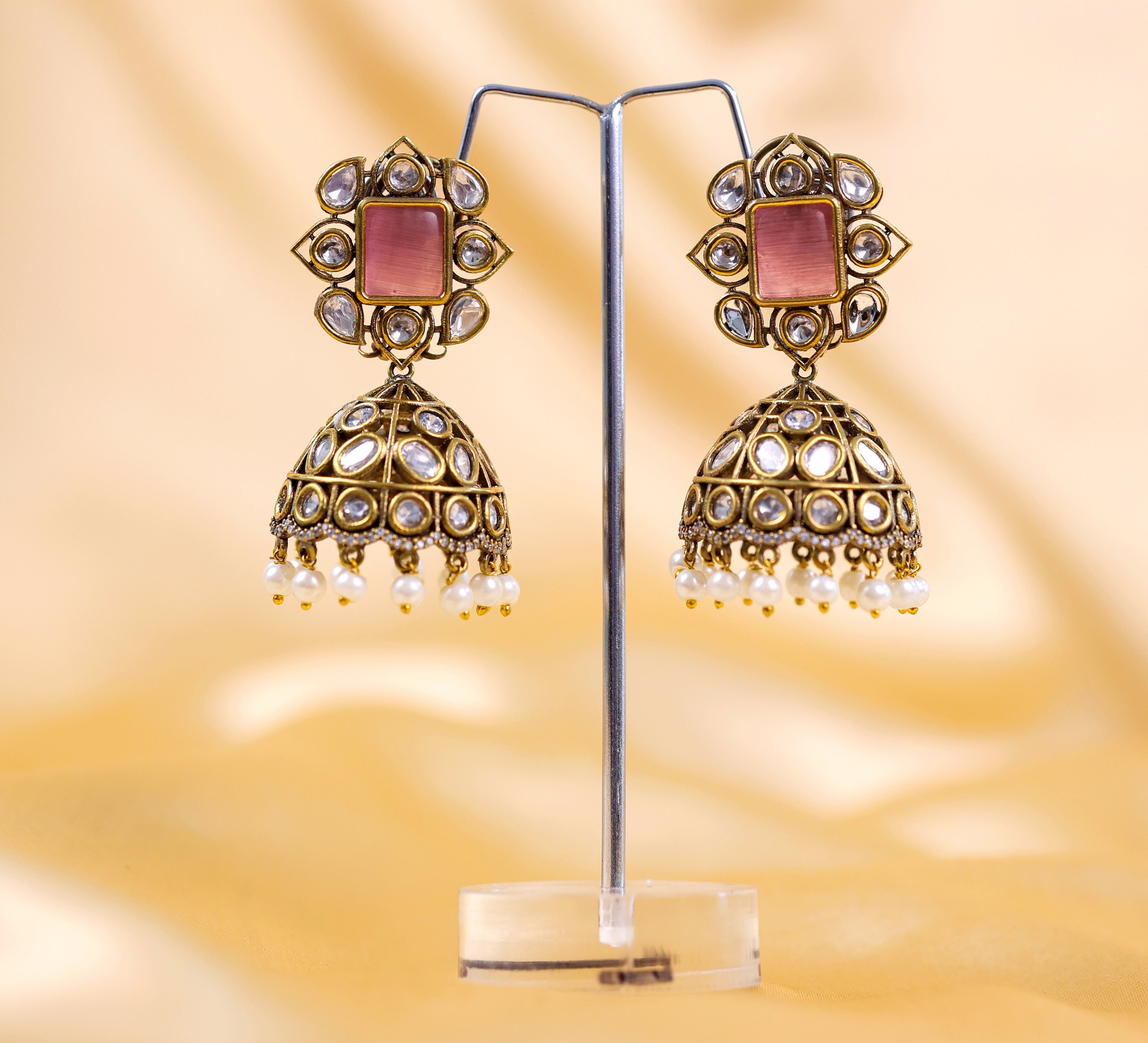 Silver Foil Victorian Jhumki Earrings with Kundan Polki and Hydro Stones - Adisha Jewels