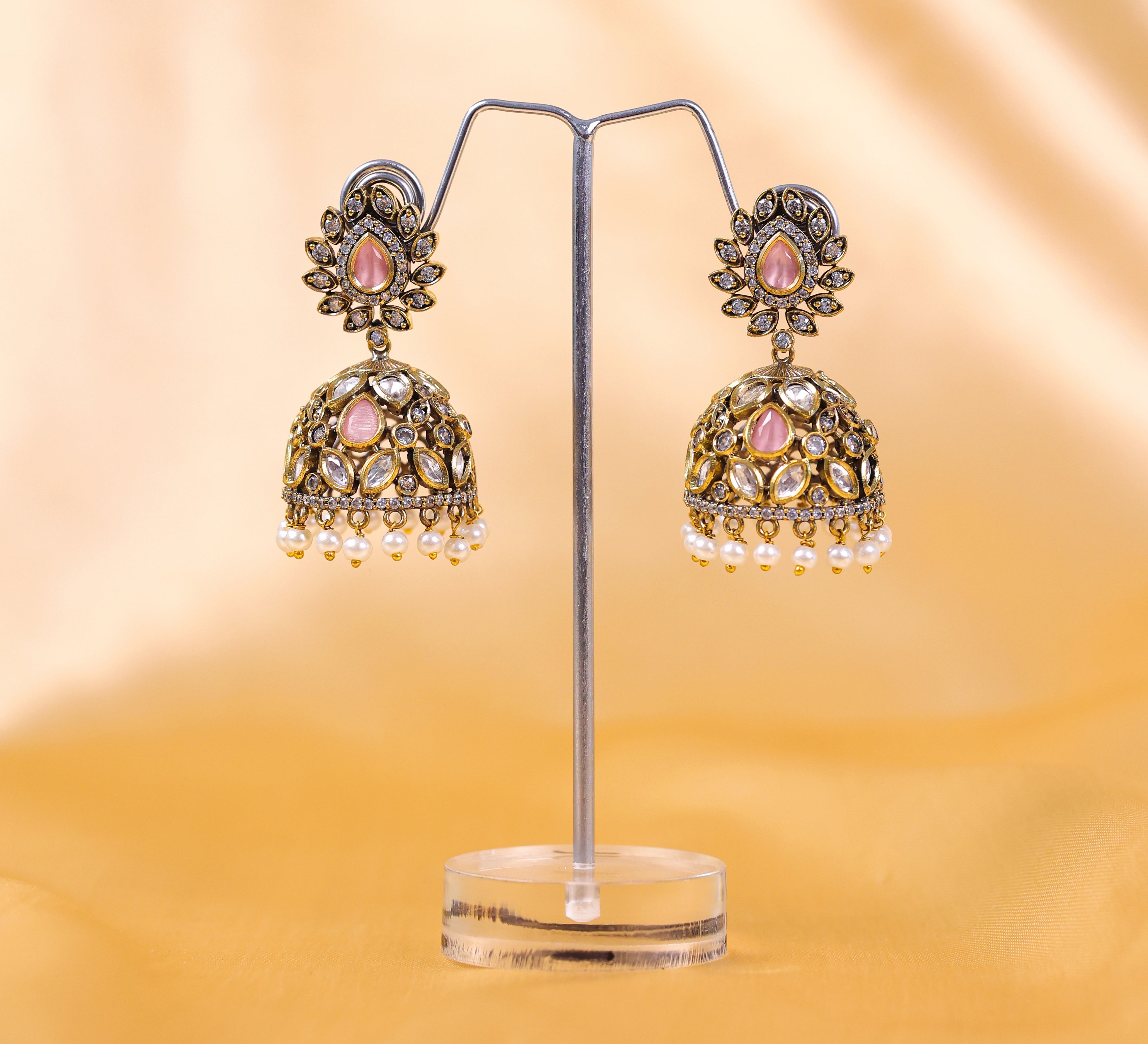 Silver Foil Victorian Jhumki Earrings with Kundan Polki and Hydro Stones - Adisha Jewels