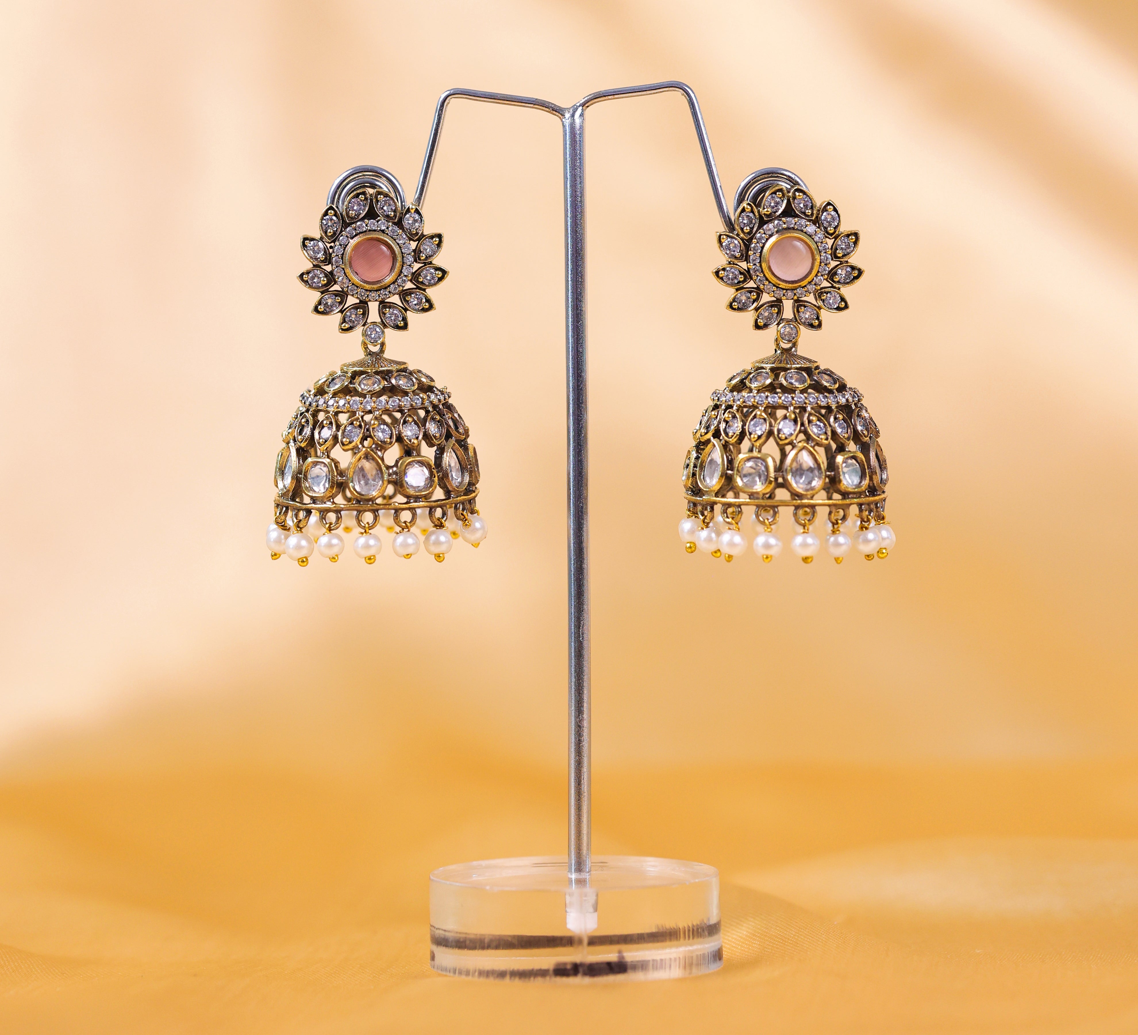 Silver Foil Victorian Jhumki Earrings with Kundan Polki and Hydro Stones - Adisha Jewels