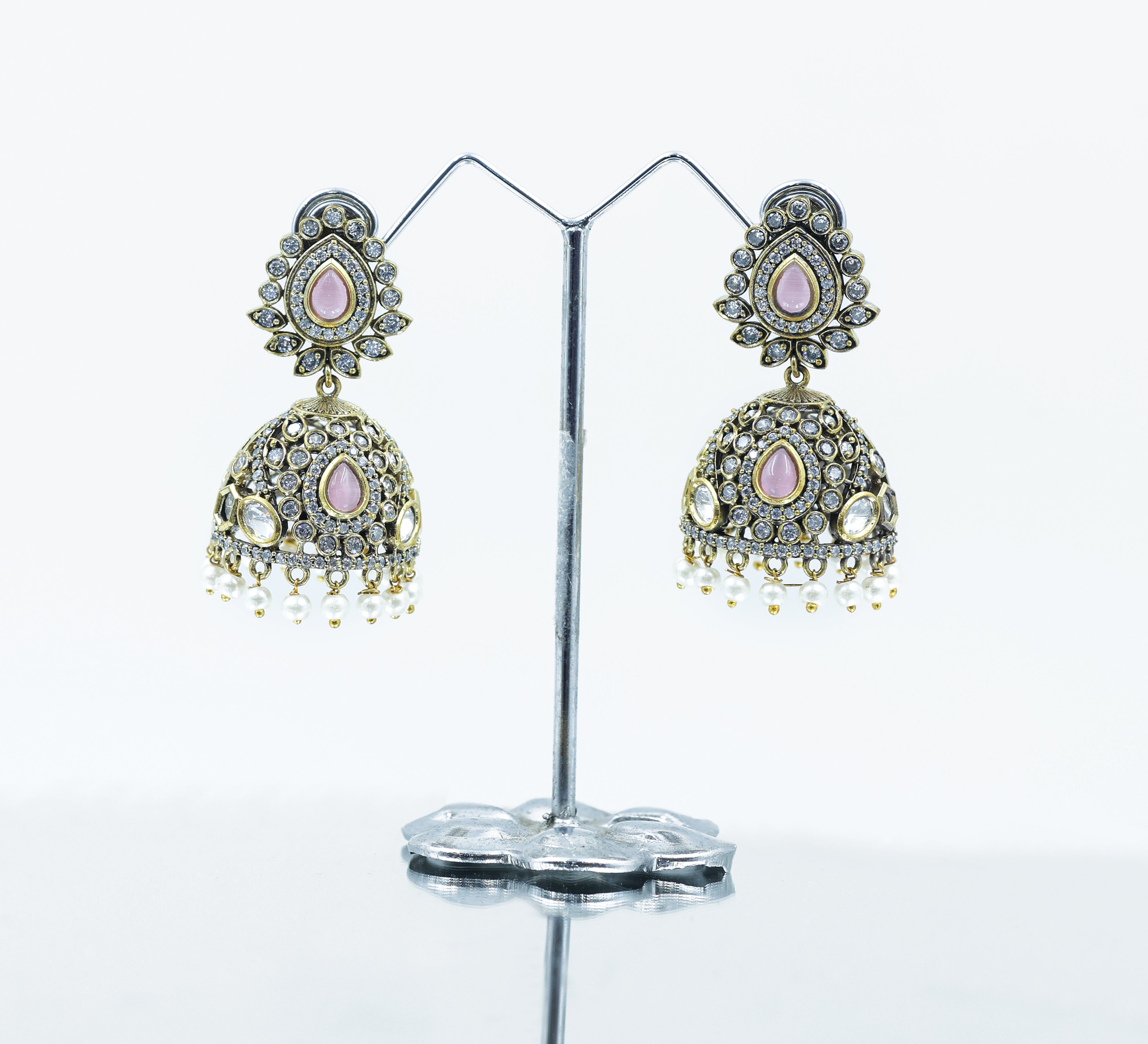 Silver Foil Victorian Jhumki Earrings with Kundan Polki and Hydro Stones - Adisha Jewels