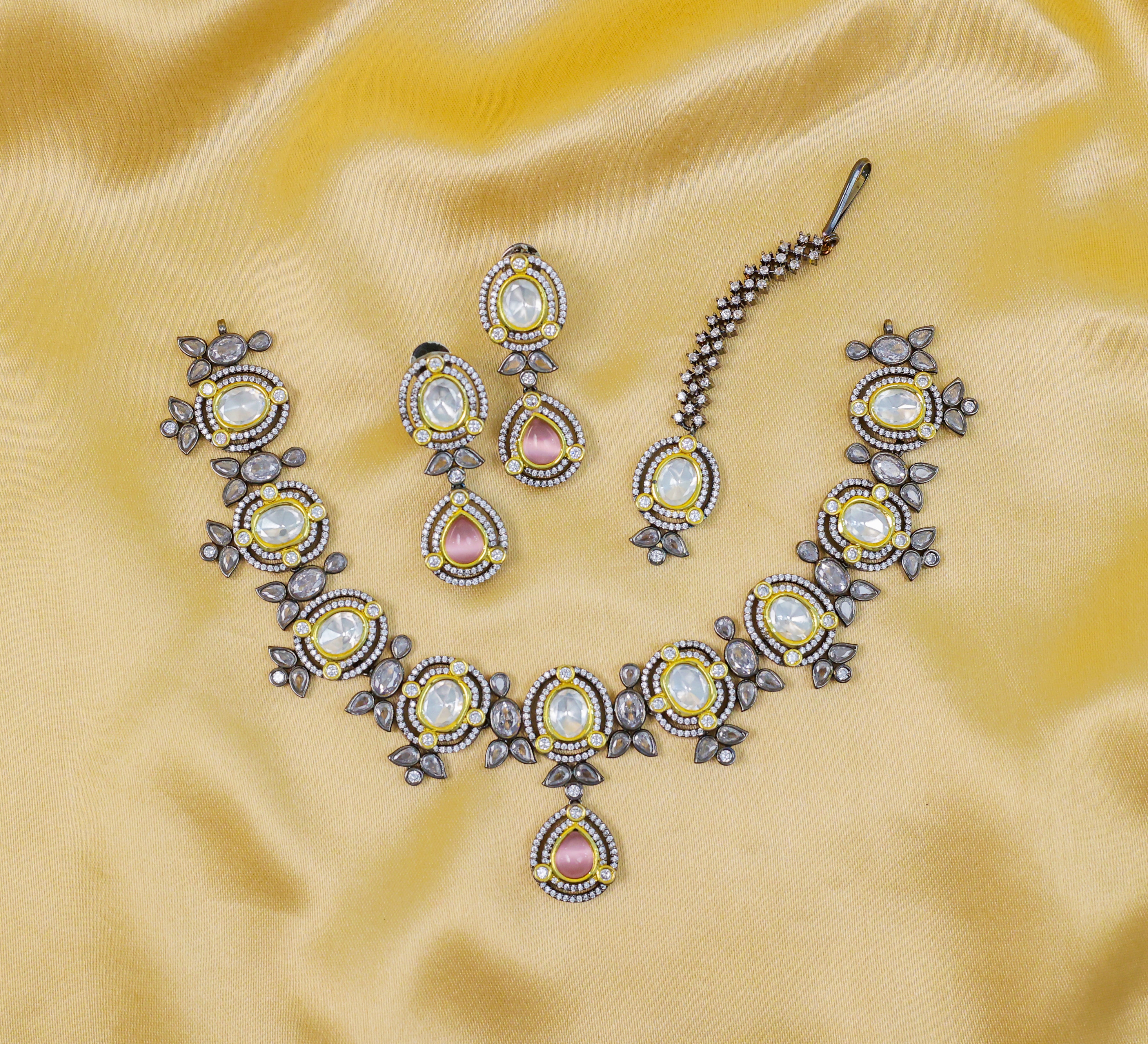 Victorian-Inspired Necklace Set with Hydro Stones & Kundan Polki - Adisha Jewels