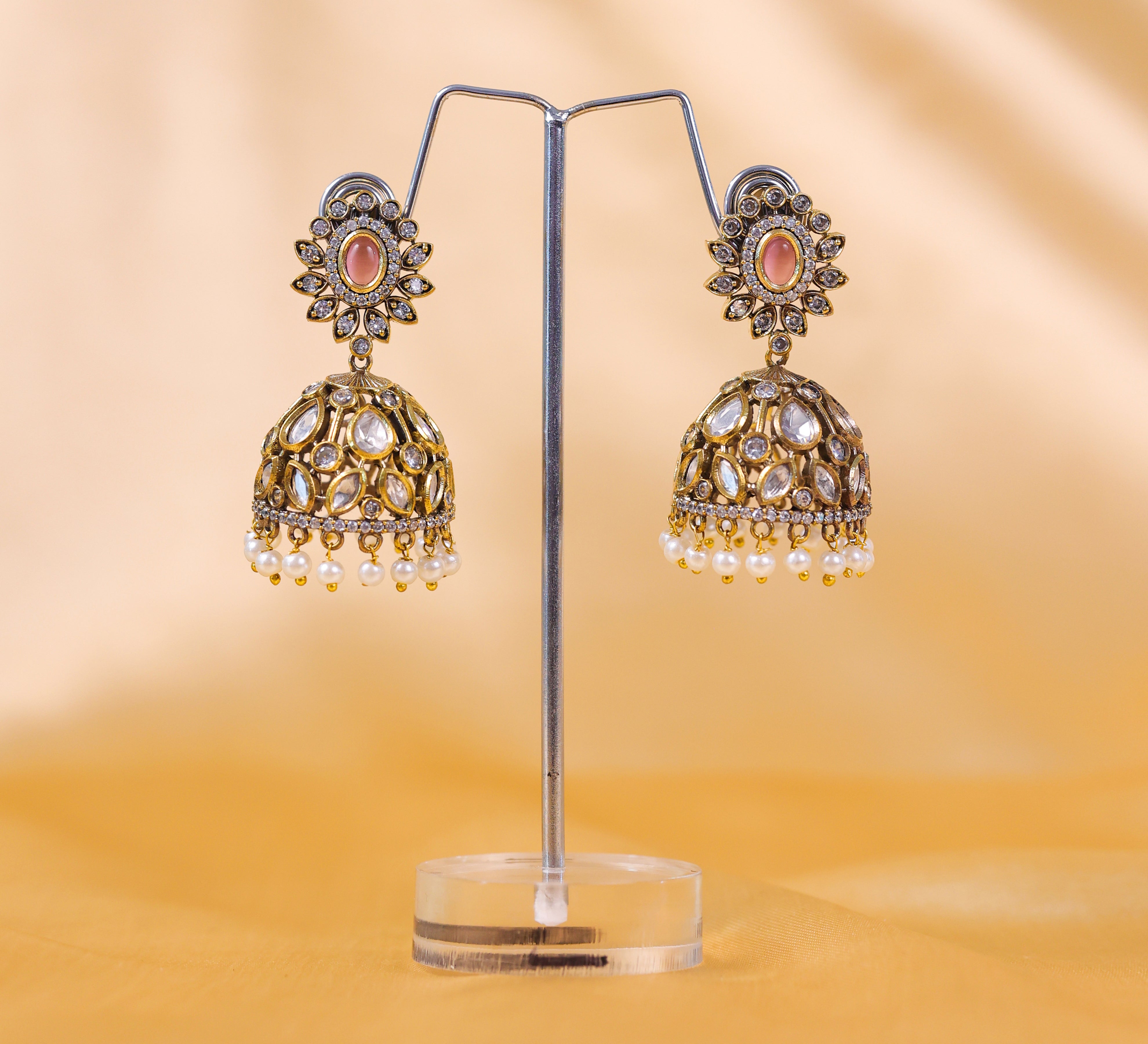 Silver Foil Victorian Jhumki Earrings with Kundan Polki and Hydro Stones - Adisha Jewels