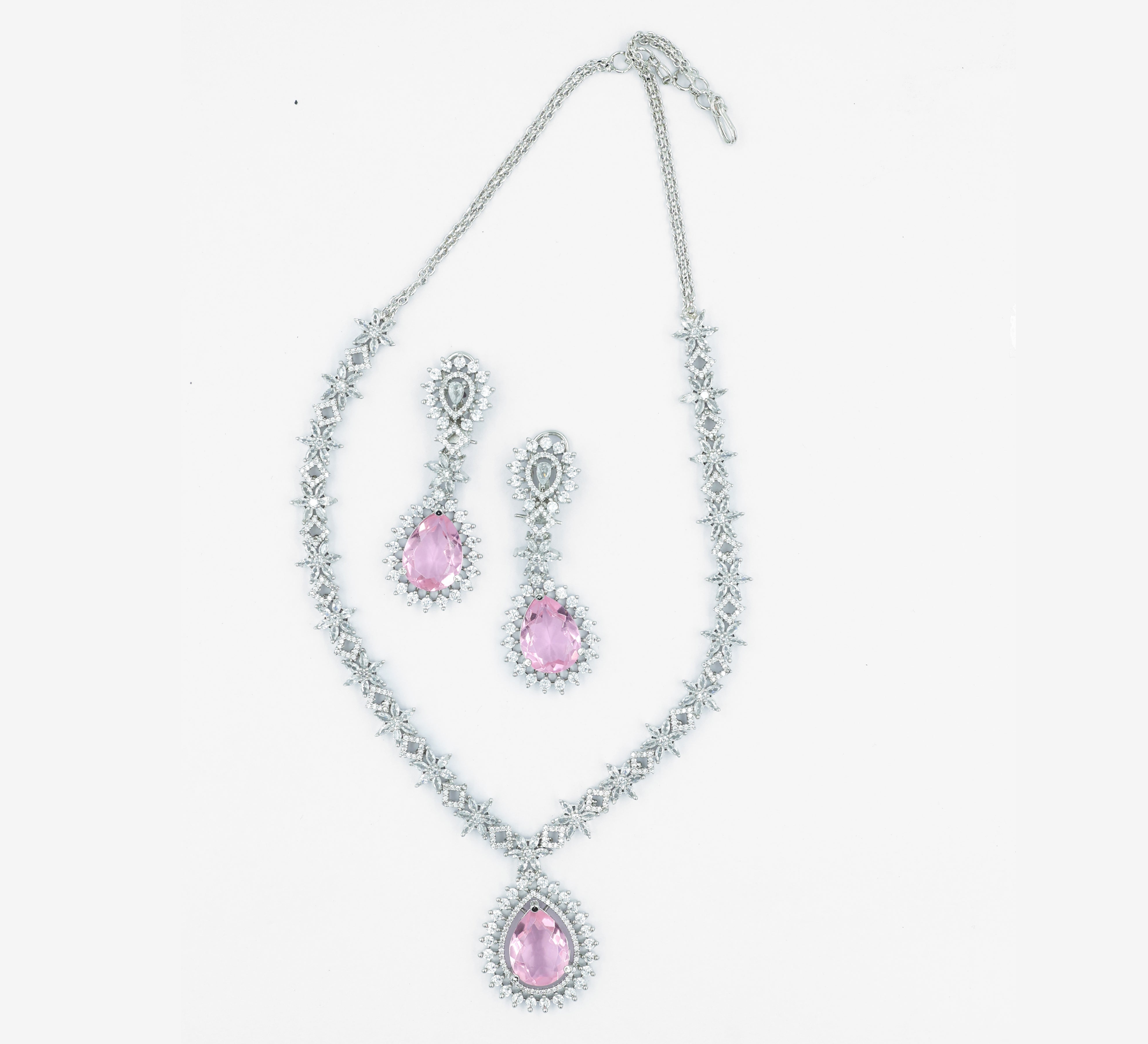 White Rhodium Necklace Set with Cubic Zirconia and Hydro Stones - Adisha Jewels