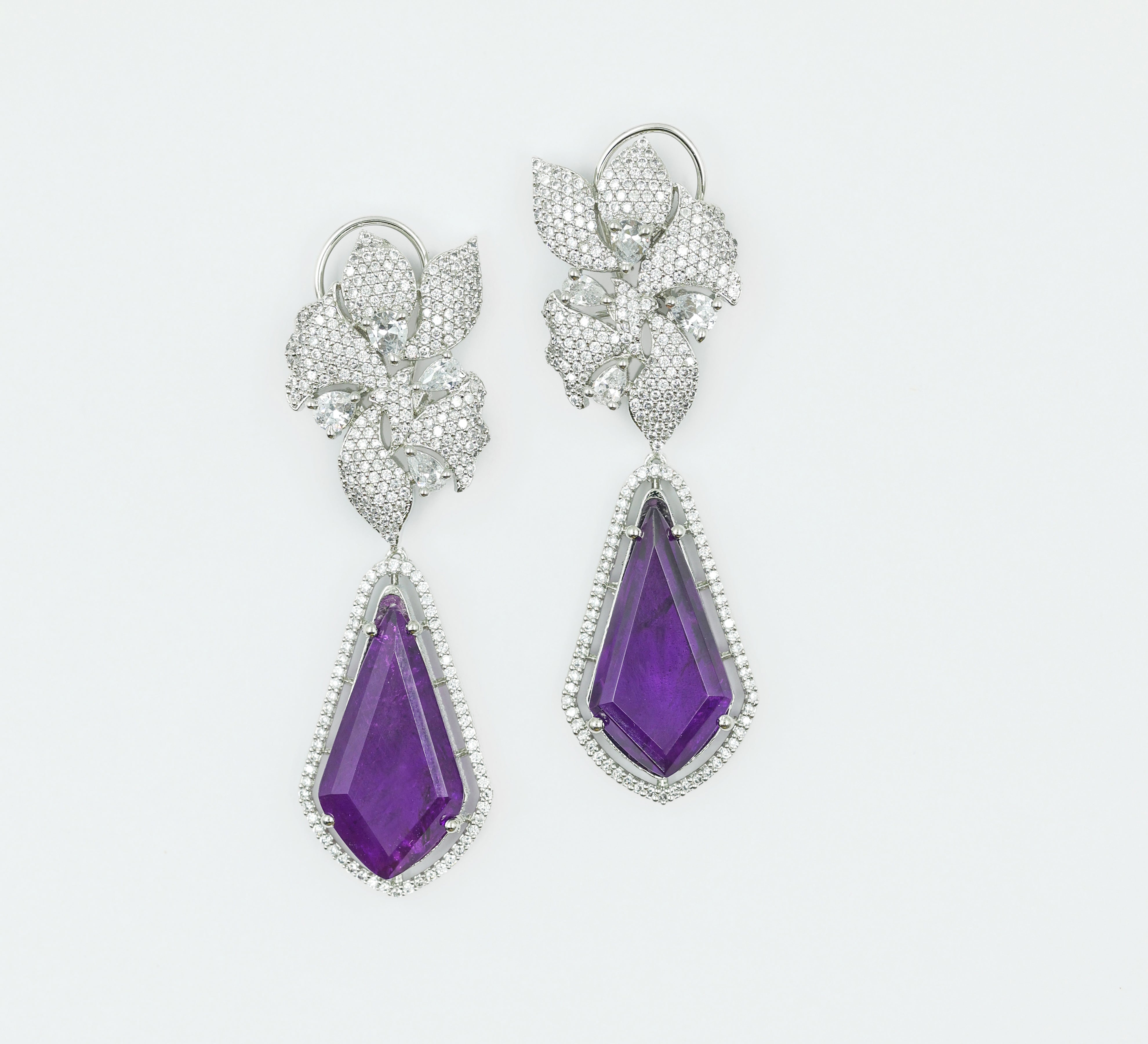 Doublet Stones Earrings with White Rhodium Plating - Adisha Jewels