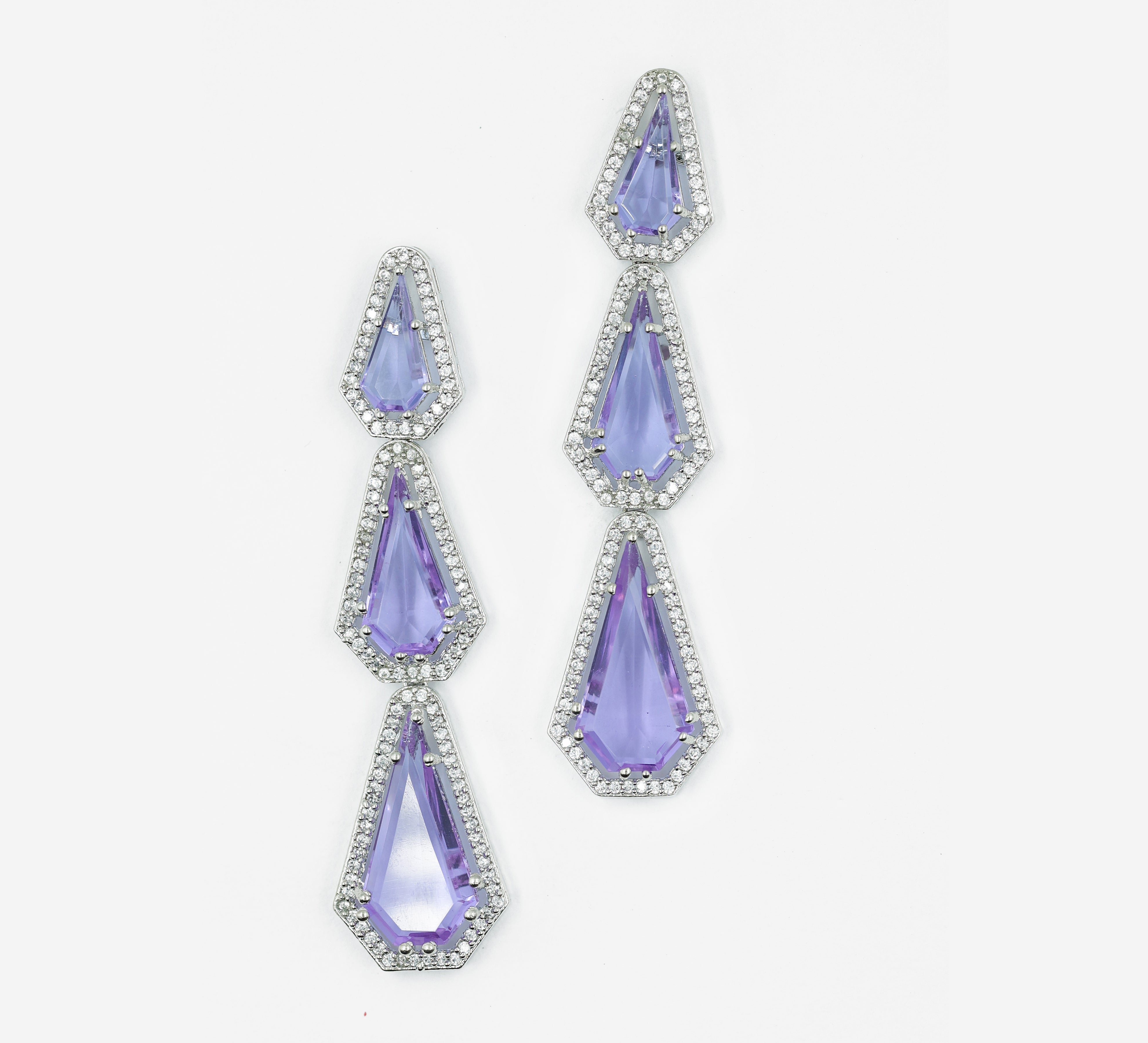 White-Plated Three-Tiered Earrings with Hydro Stones - Adisha Jewels