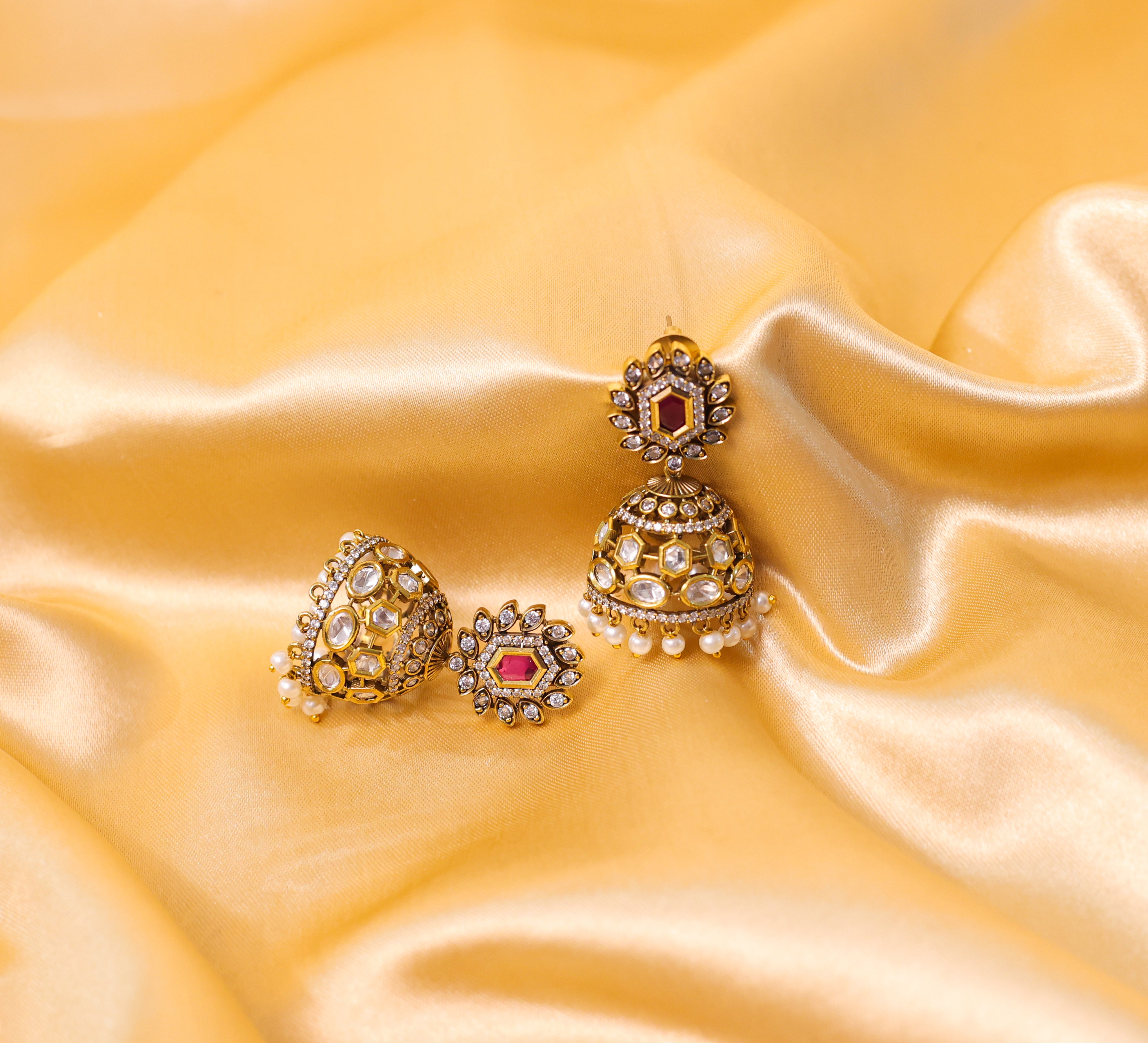 Silver Foil Victorian Jhumki Earrings with Kundan Polki and Hydro Stones - Adisha Jewels