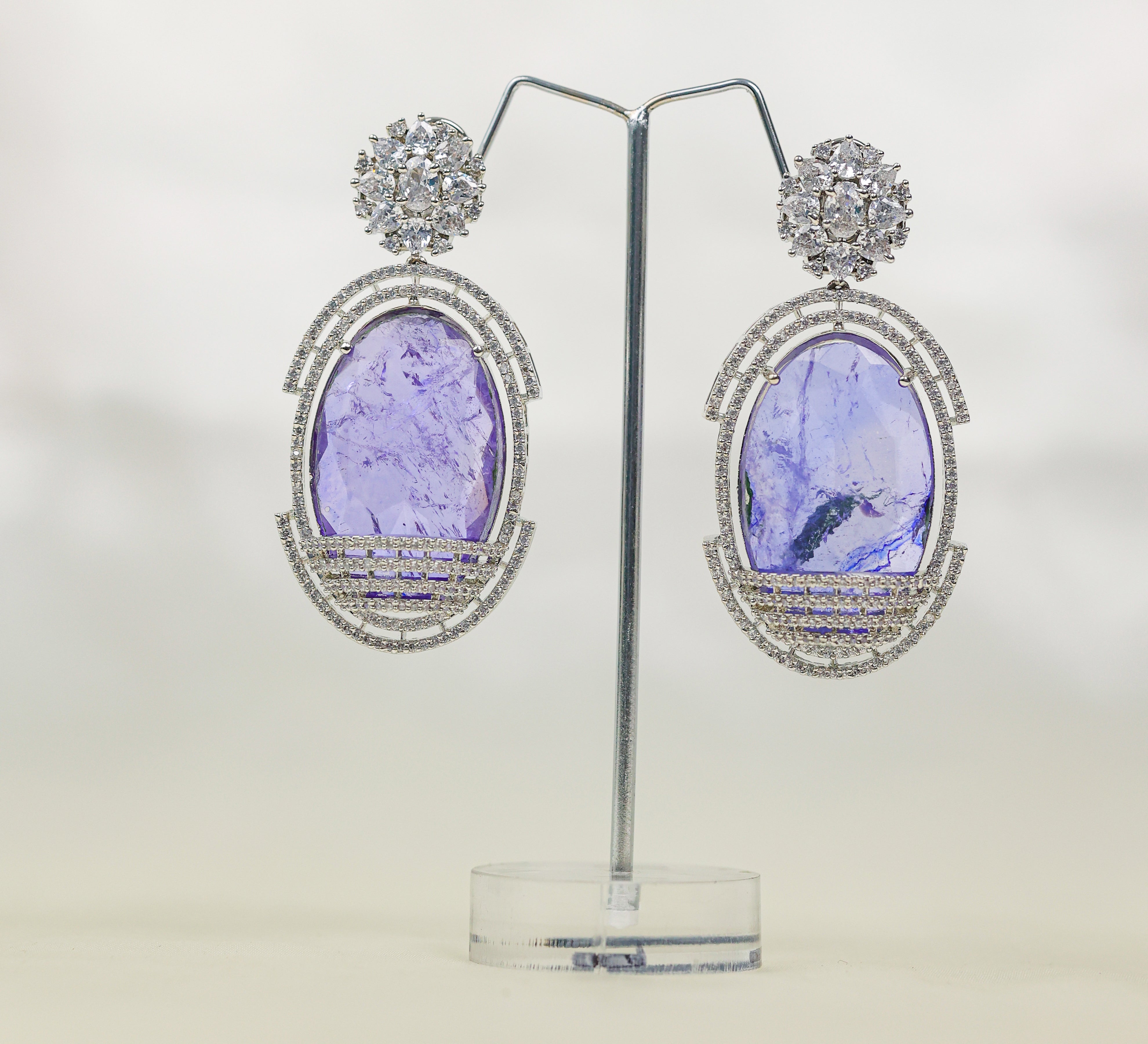 Doublet Stones Earrings with White Rhodium Plating - Adisha Jewels