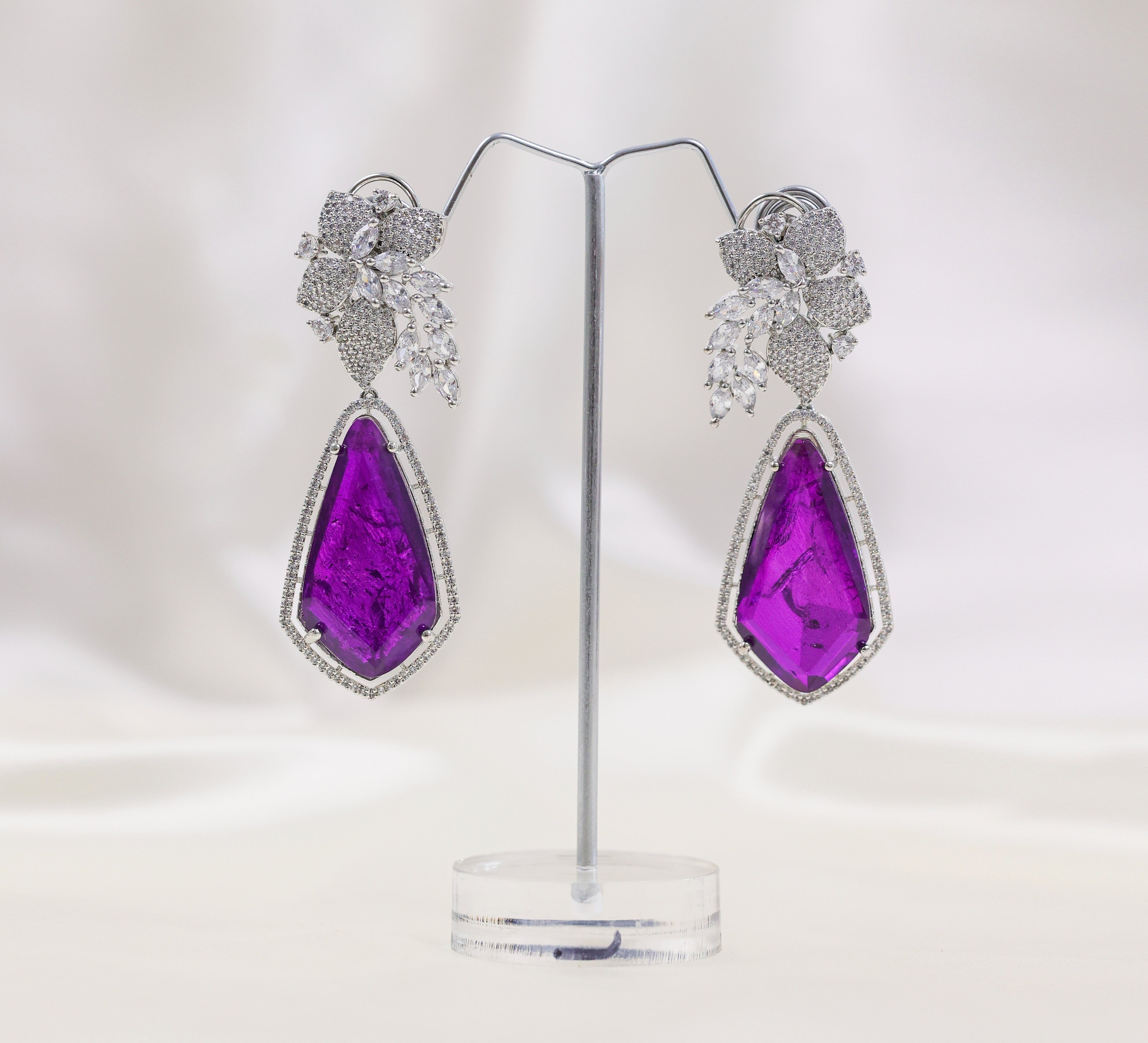 Beaded Earrings with Doublet Stones and CZ in White Rhodium - Adisha Jewels