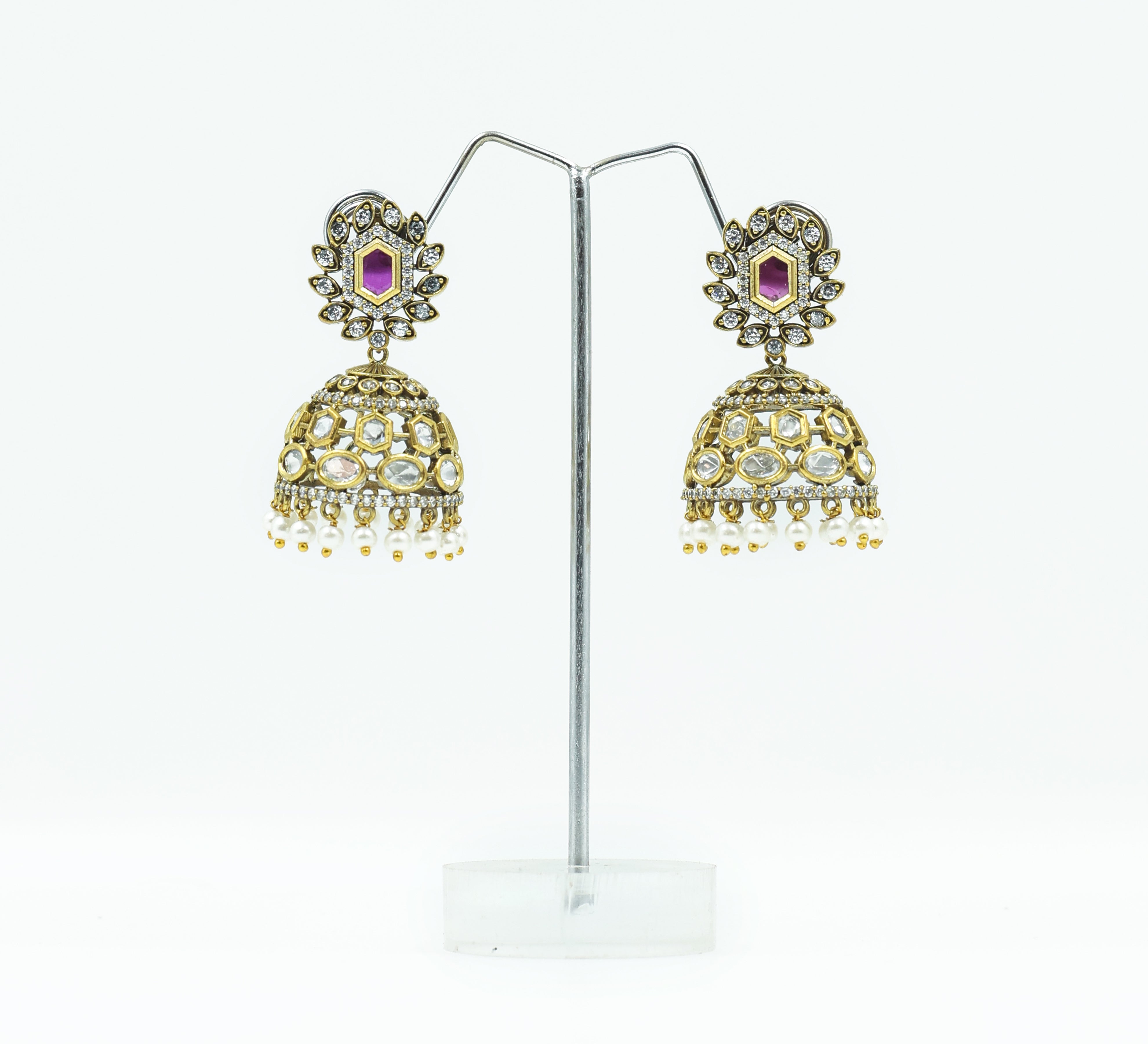 Silver Foil Victorian Jhumki Earrings with Kundan Polki and Hydro Stones - Adisha Jewels