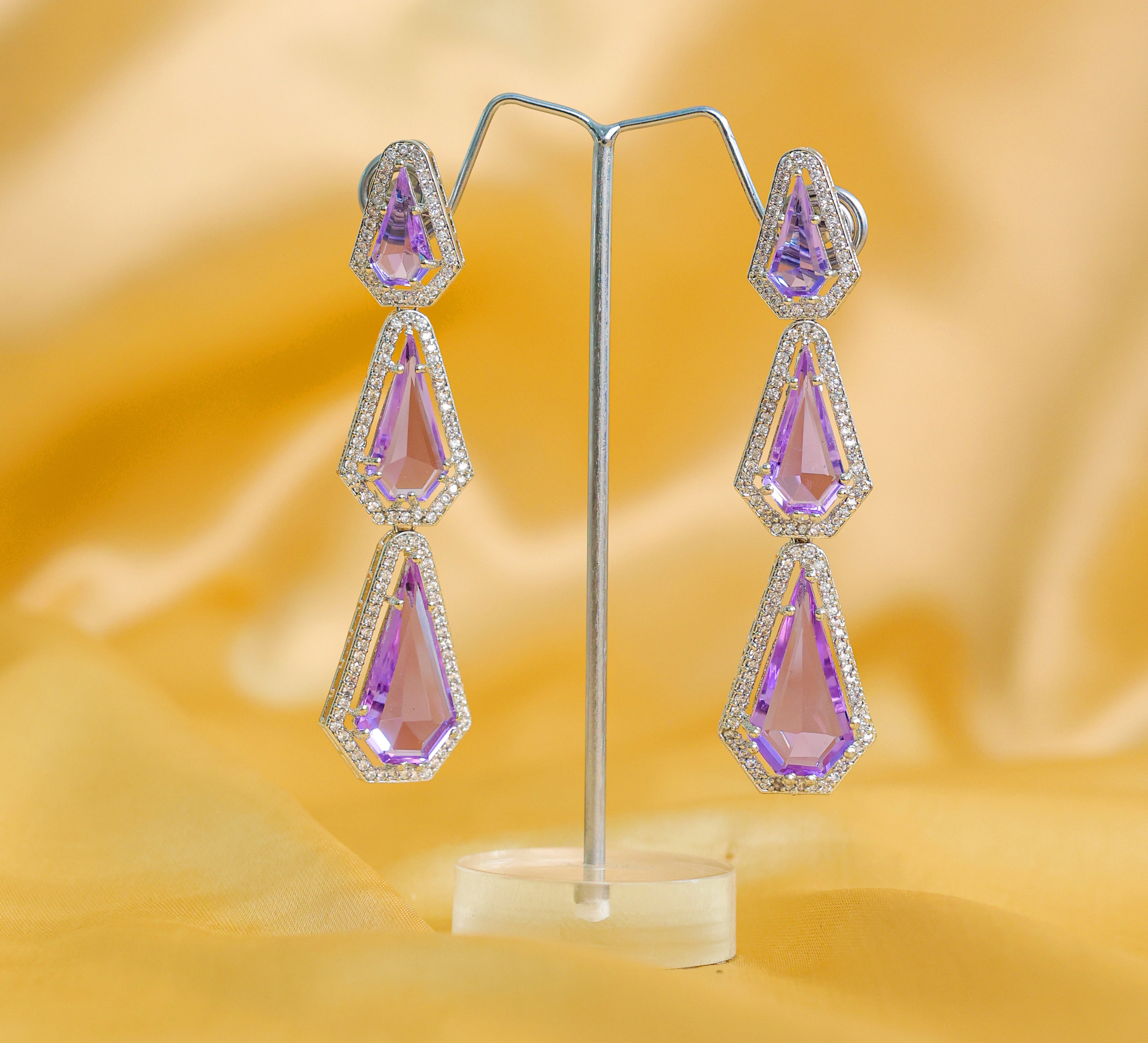 White-Plated Three-Tiered Earrings with Hydro Stones - Adisha Jewels