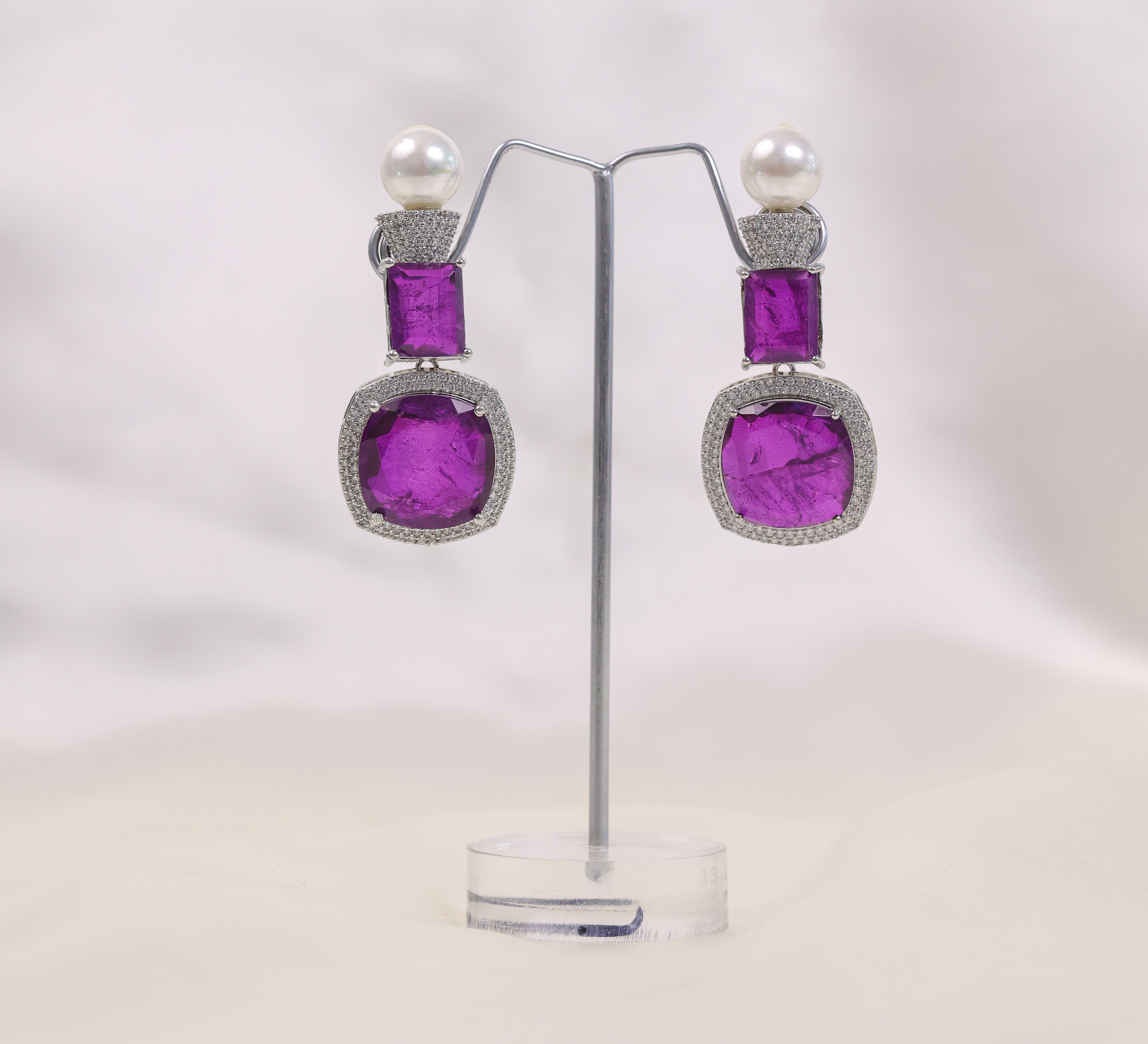 Earrings with Doublet Stones and CZ Accents in White Rhodium - Adisha Jewels