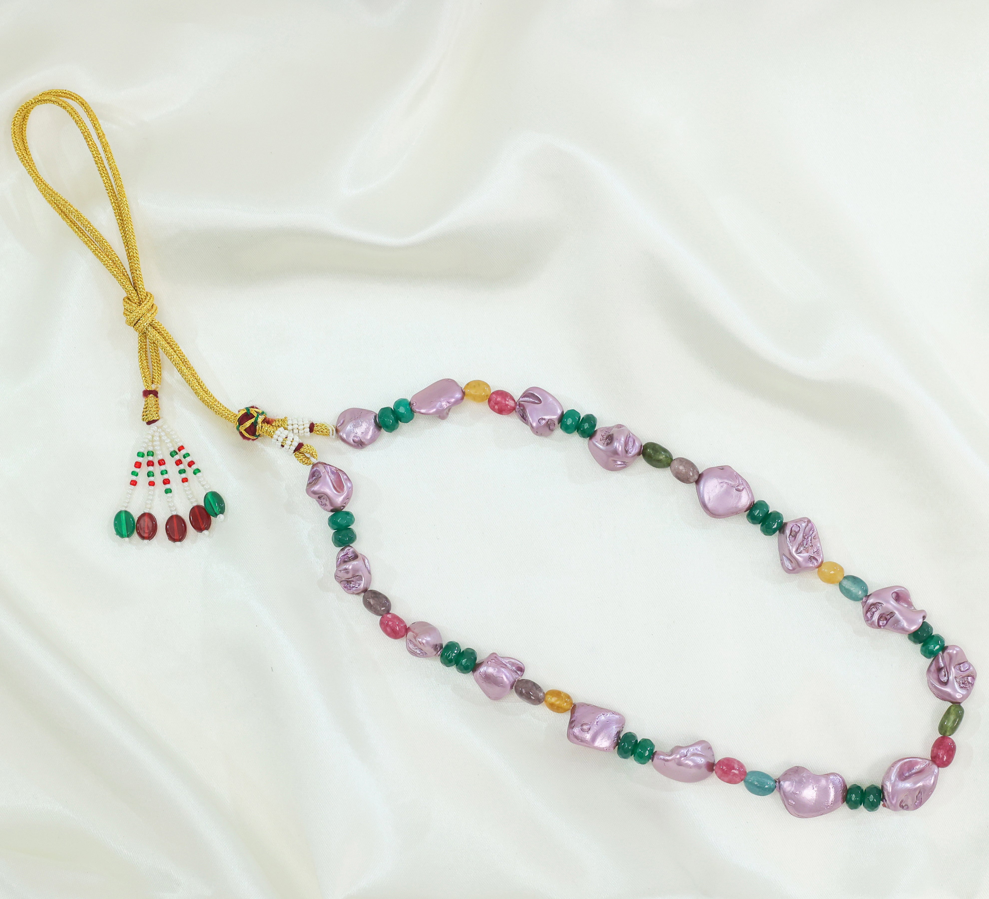 Gold-Plated Single-Layer Mala Set with Uncut Beads, Dumbles, and Duldul Beads - Adisha Jewels