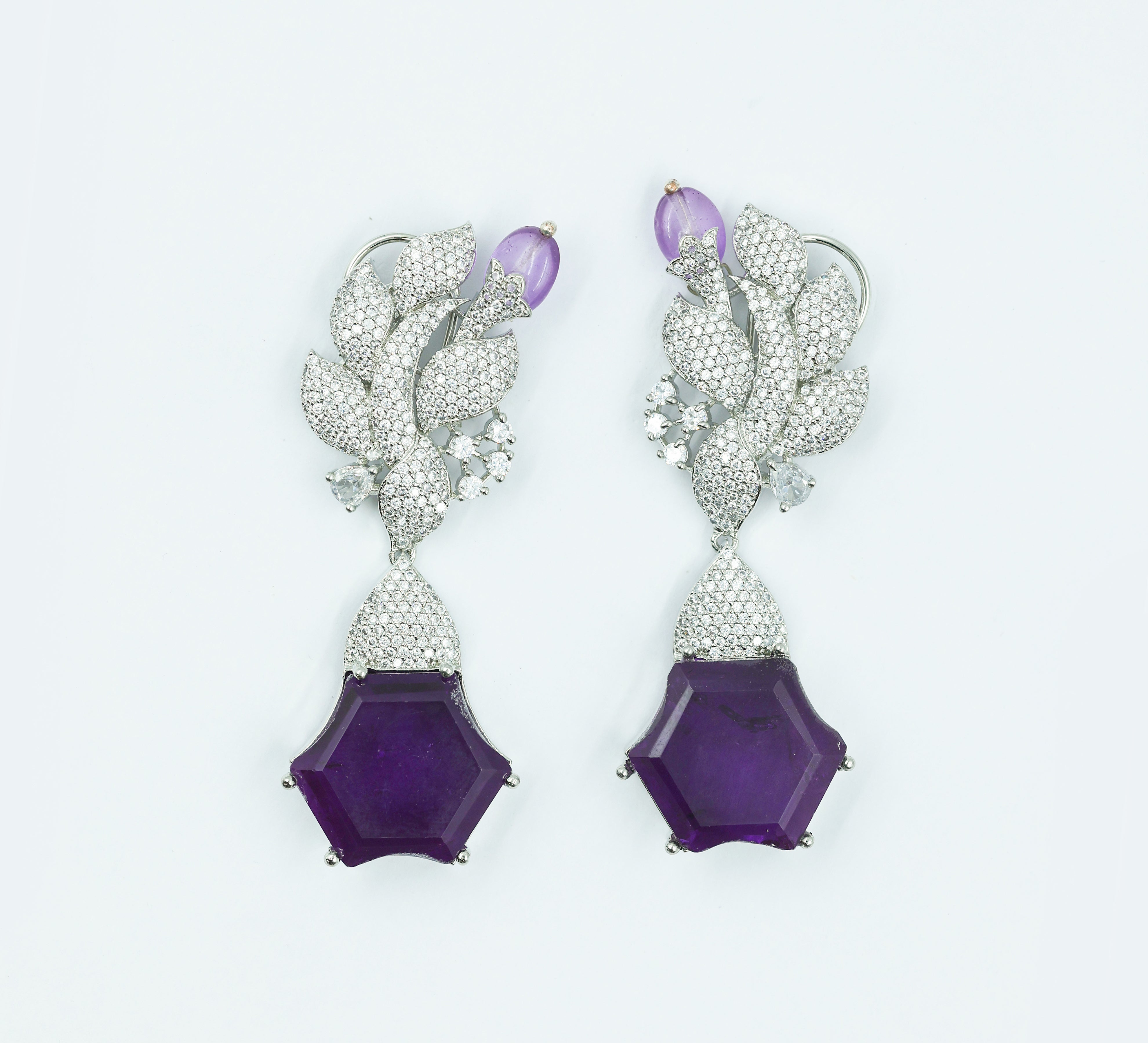 Beaded Earrings with Doublet Stones and CZ in White Rhodium - Adisha Jewels