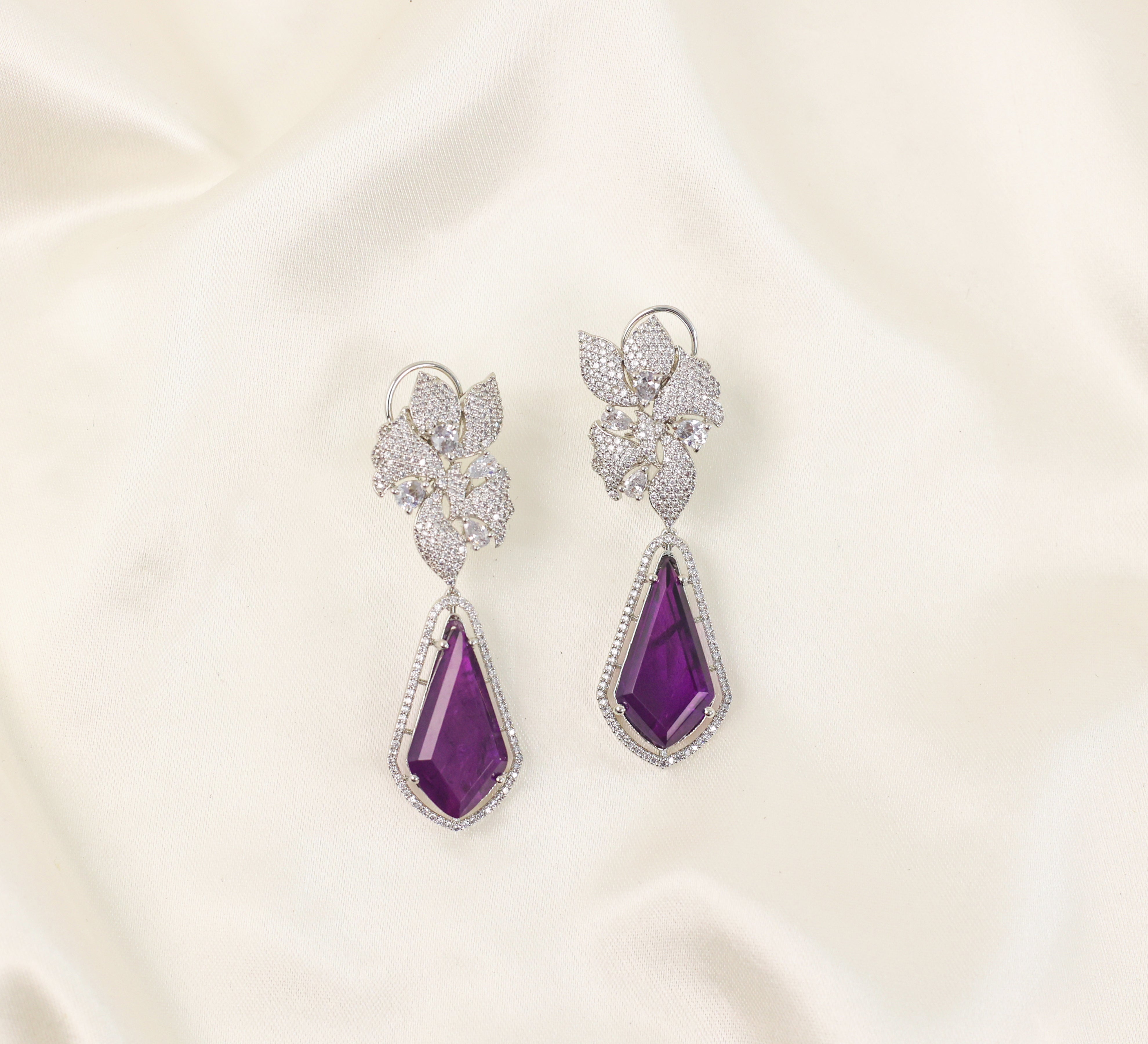 Doublet Stones Earrings with White Rhodium Plating - Adisha Jewels