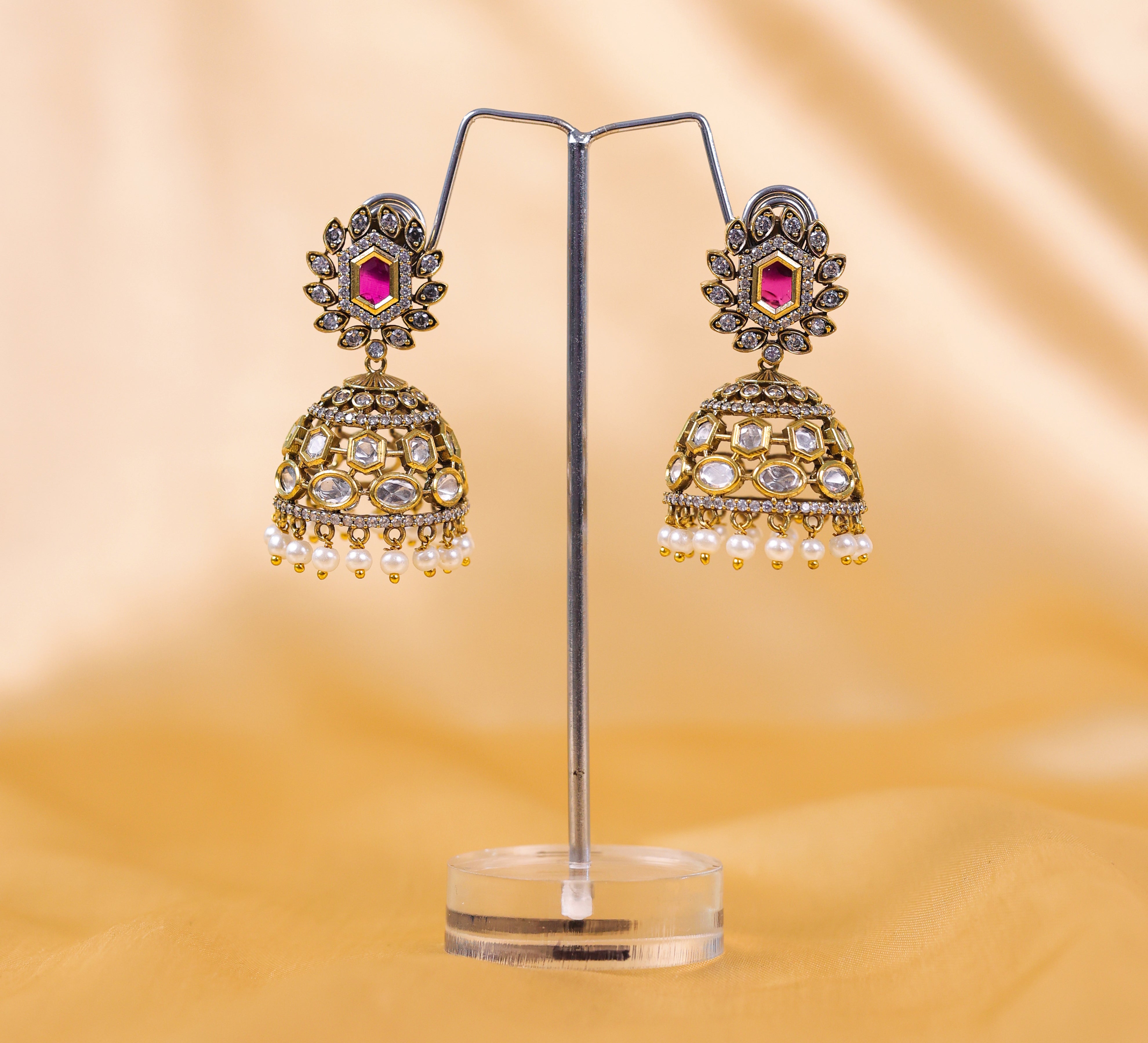 Silver Foil Victorian Jhumki Earrings with Kundan Polki and Hydro Stones - Adisha Jewels