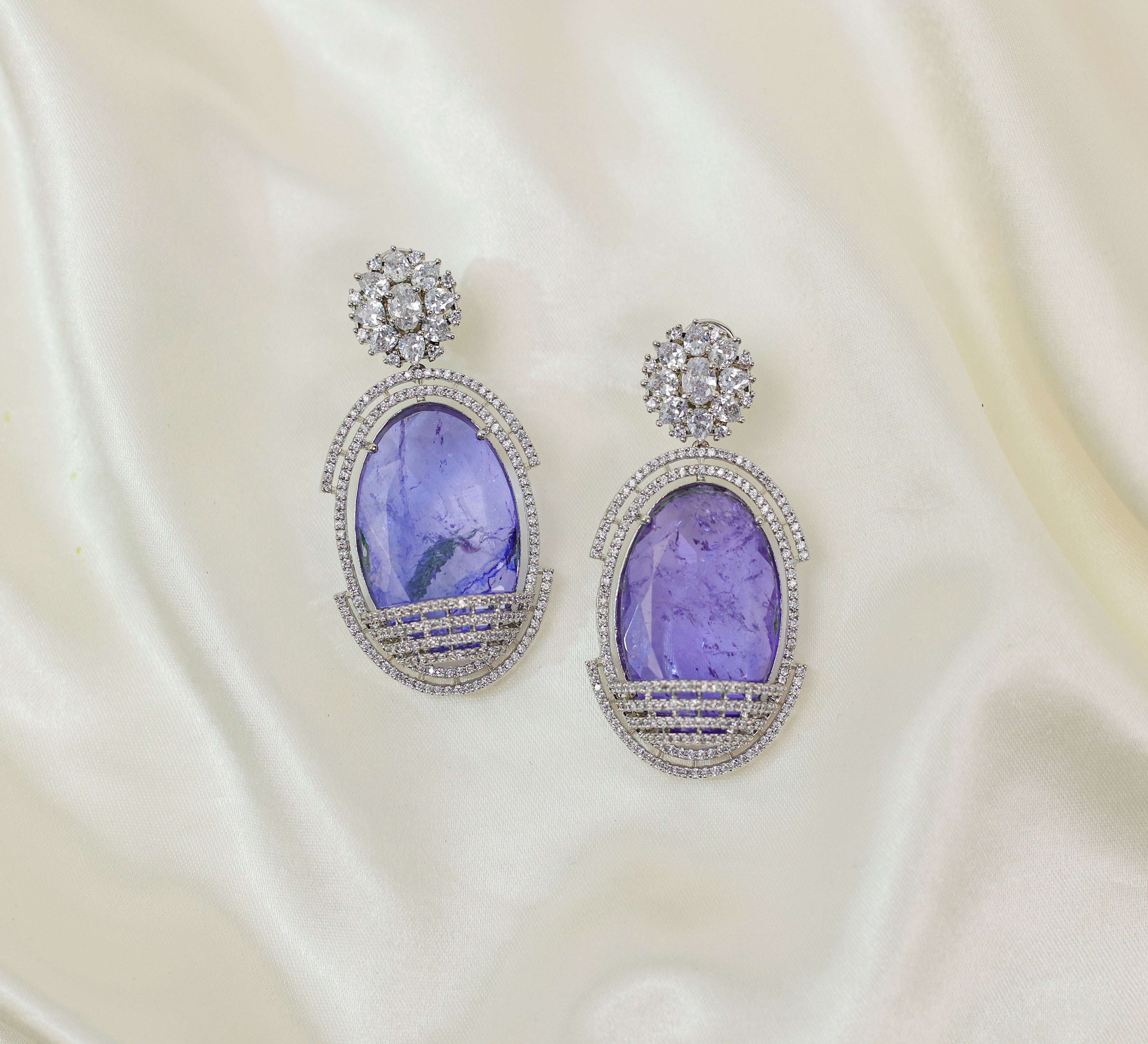 Doublet Stones Earrings with White Rhodium Plating - Adisha Jewels