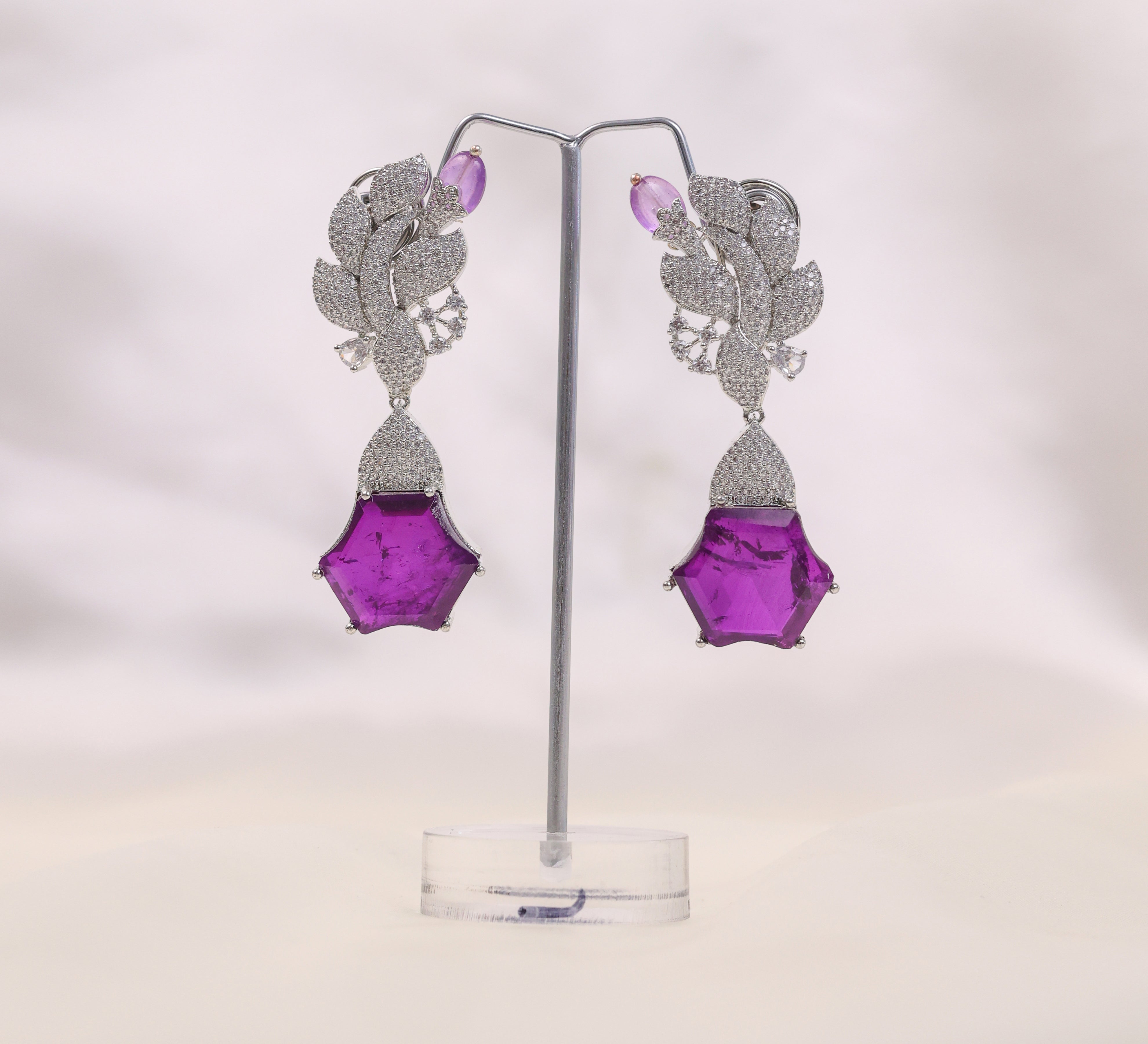 Beaded Earrings with Doublet Stones and CZ in White Rhodium - Adisha Jewels