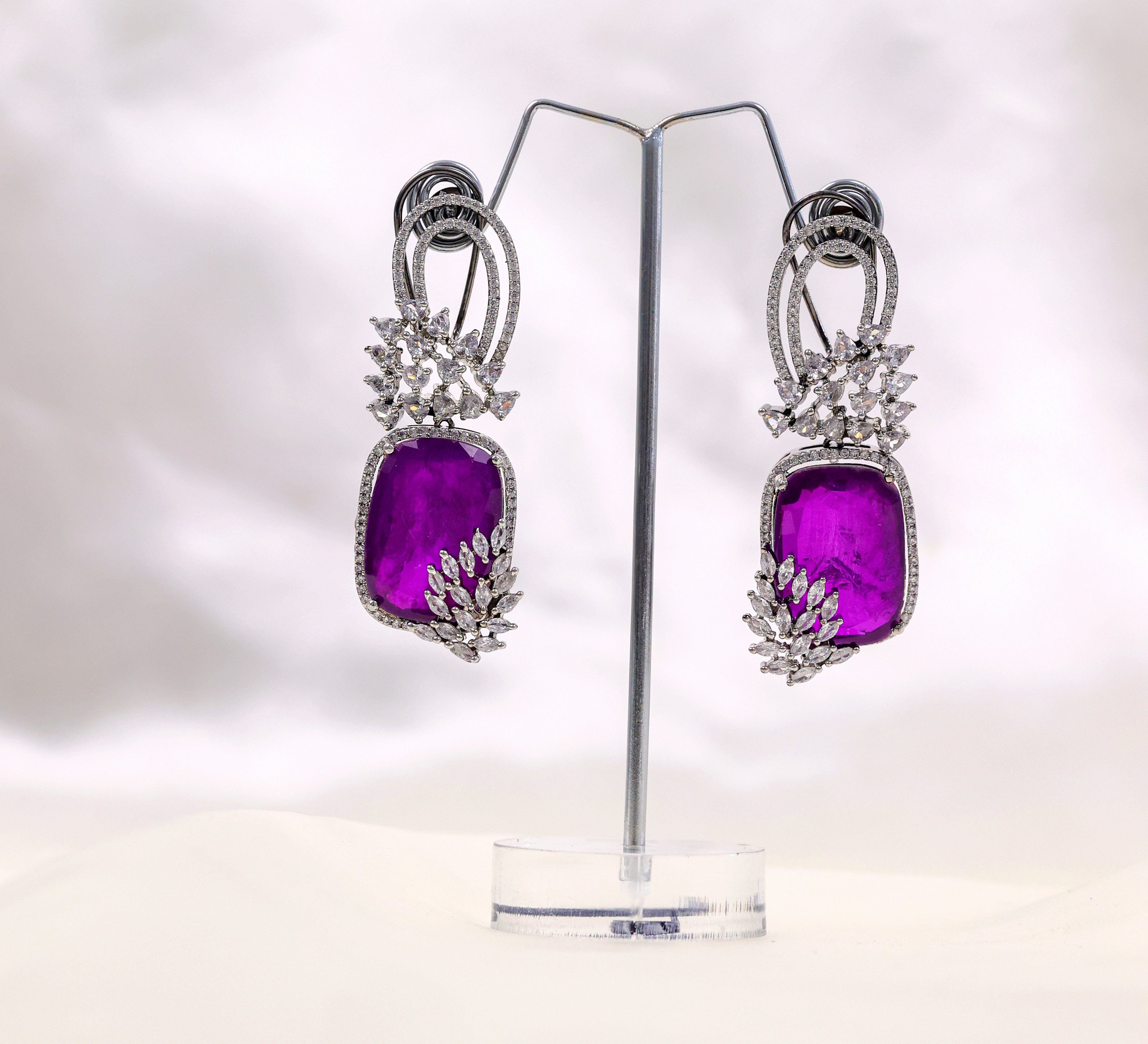 Earrings with Doublet Stones and Hydro Stones in White Rhodium - Adisha Jewels