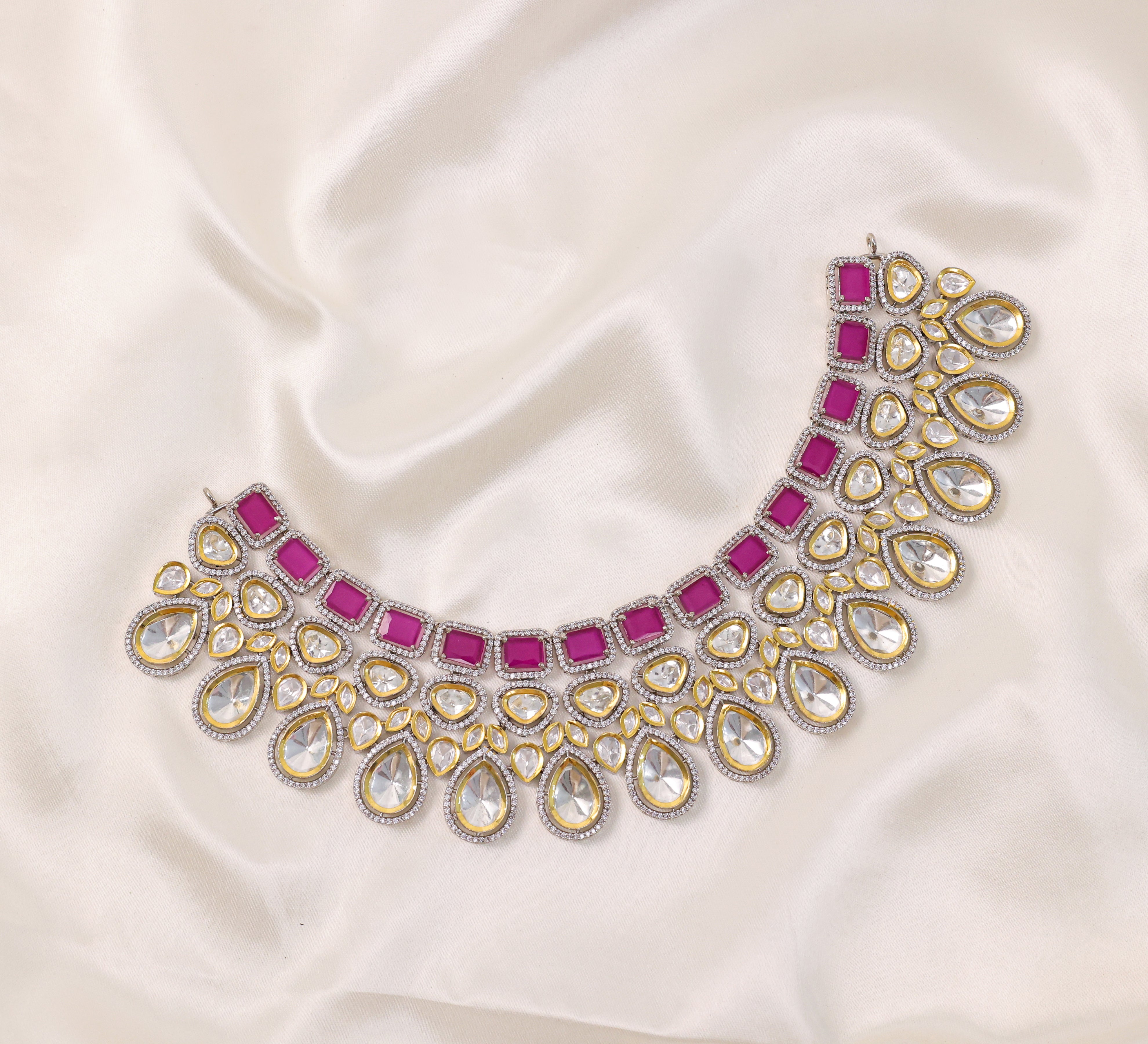 Victorian-Inspired Kundan Polki Necklace Set with Hydro Stones - Adisha Jewels