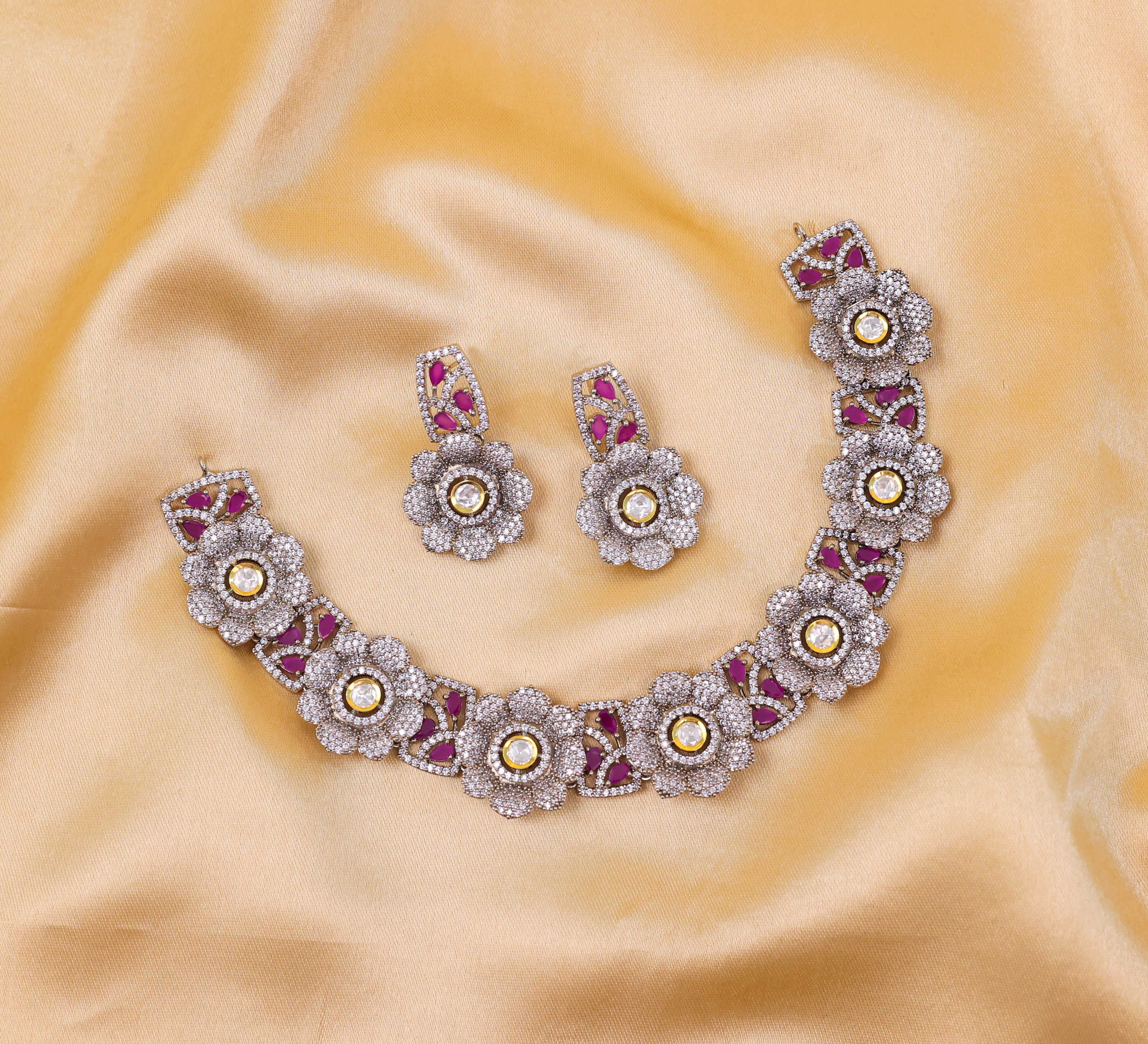 Kundan Polki and Hydro Stones Necklace Set in Antique Silver - Adisha Jewels