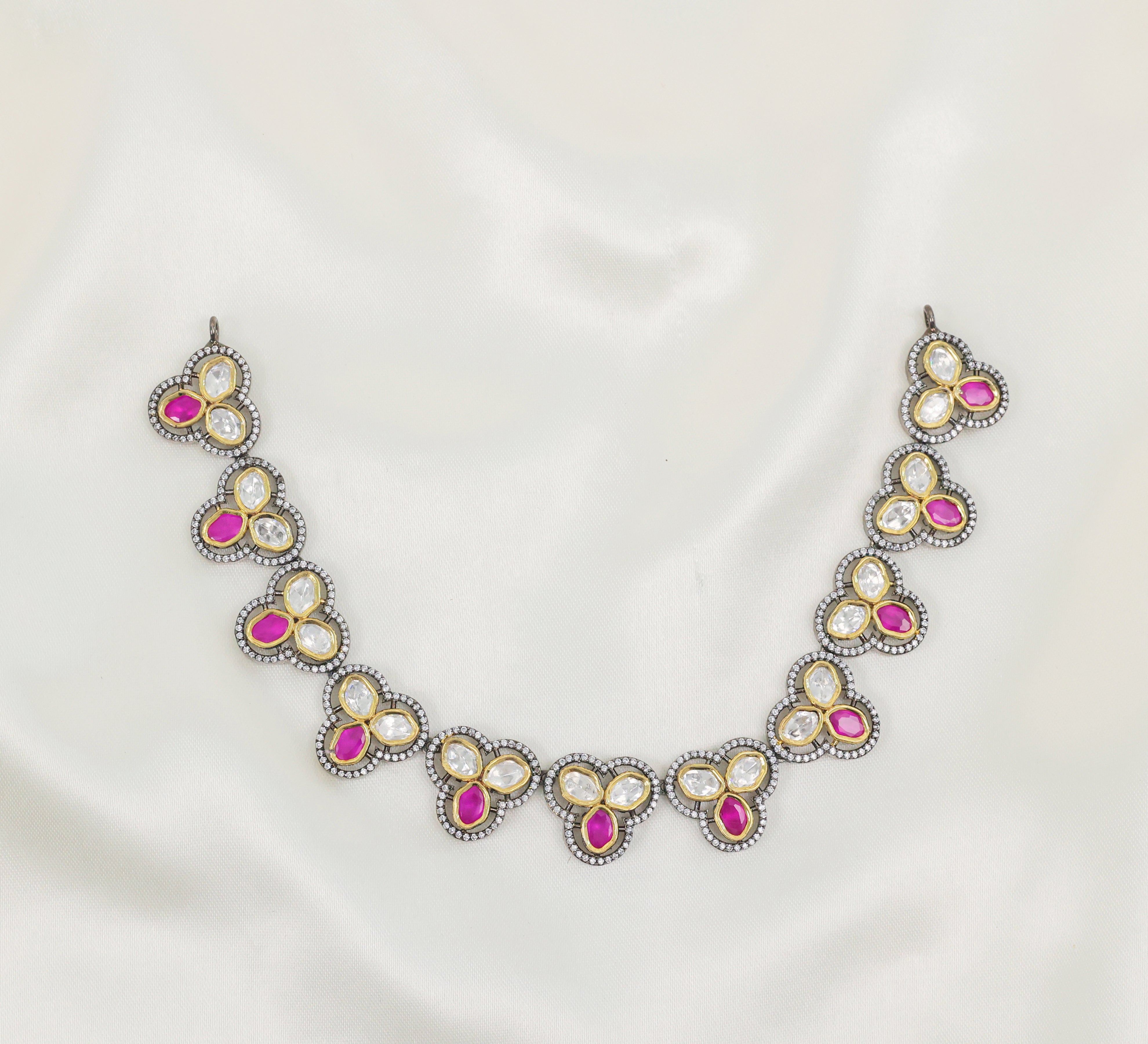 Victorian-Inspired Necklace Set with Hydro Stones & Kundan Polki - Adisha Jewels