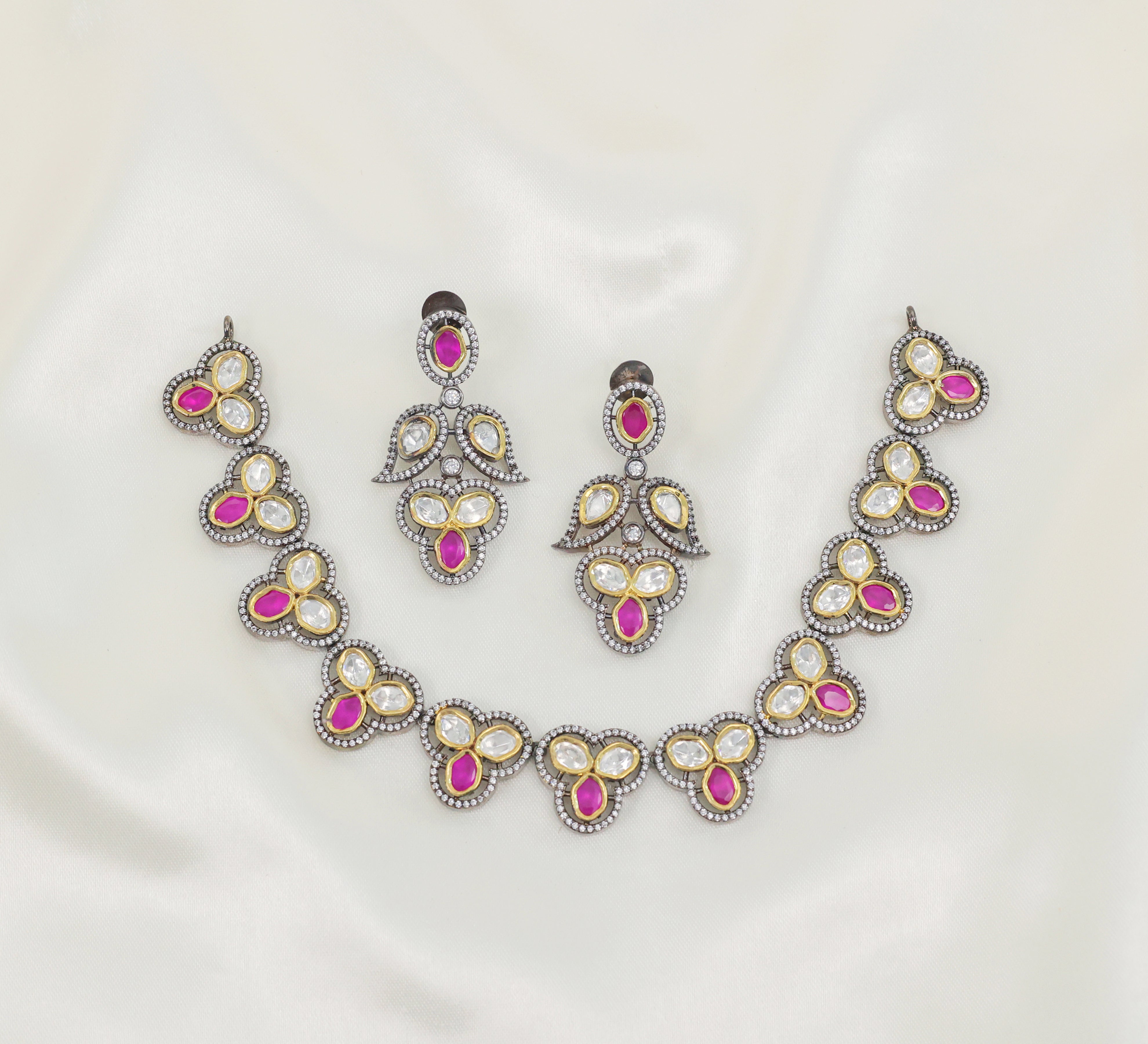 Victorian-Inspired Necklace Set with Hydro Stones & Kundan Polki - Adisha Jewels