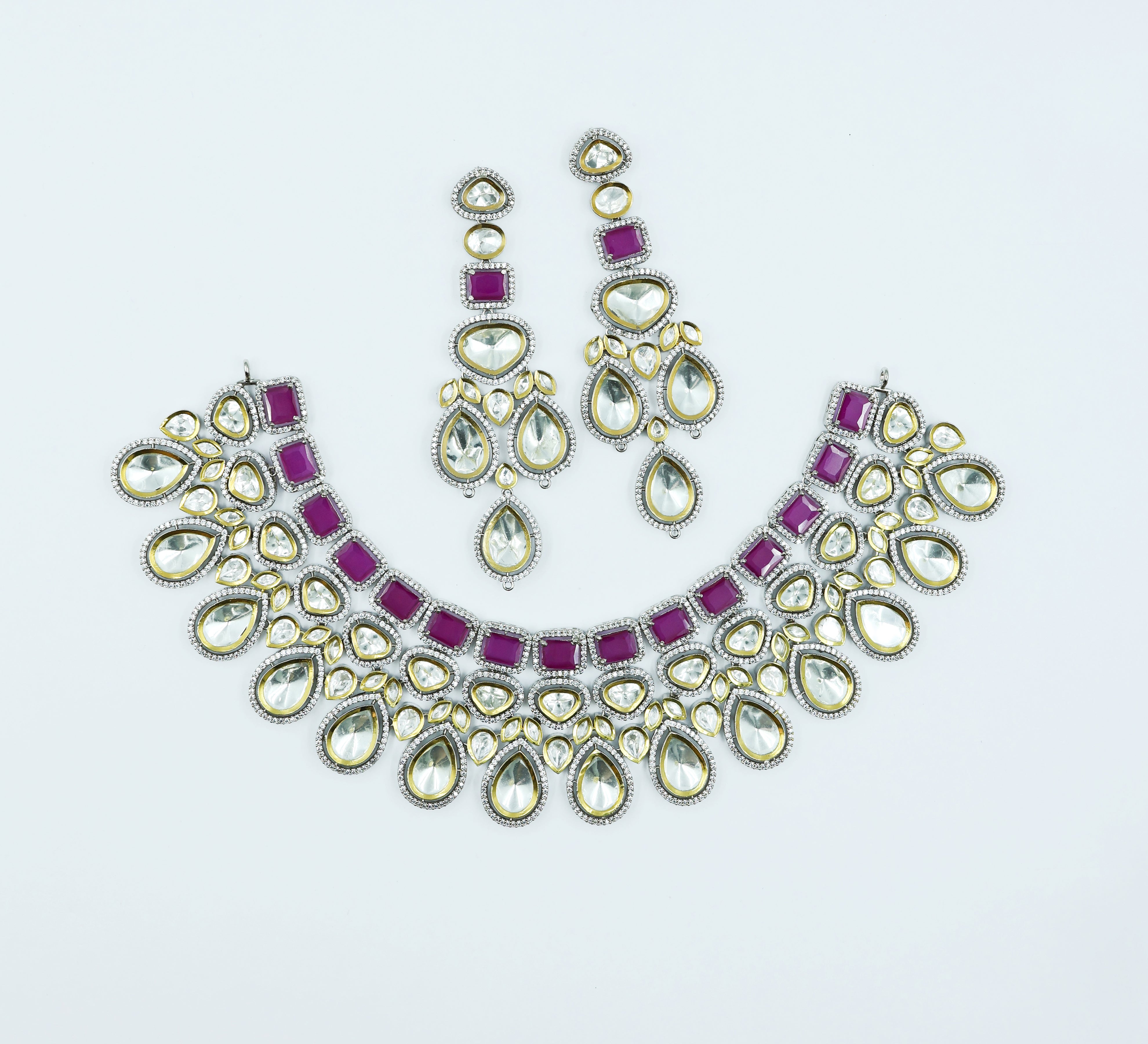 Victorian-Inspired Kundan Polki Necklace Set with Hydro Stones - Adisha Jewels