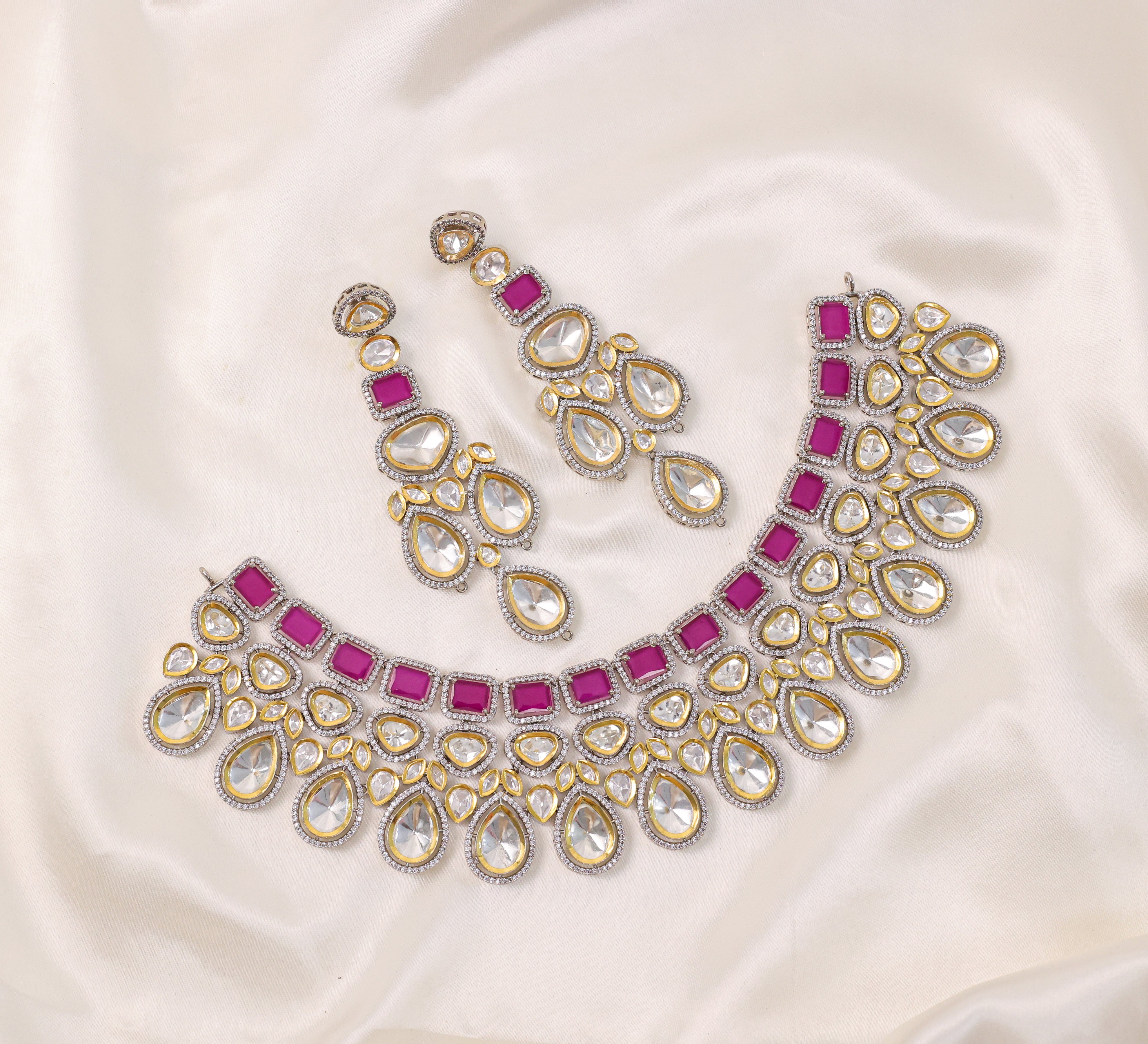 Victorian-Inspired Kundan Polki Necklace Set with Hydro Stones - Adisha Jewels