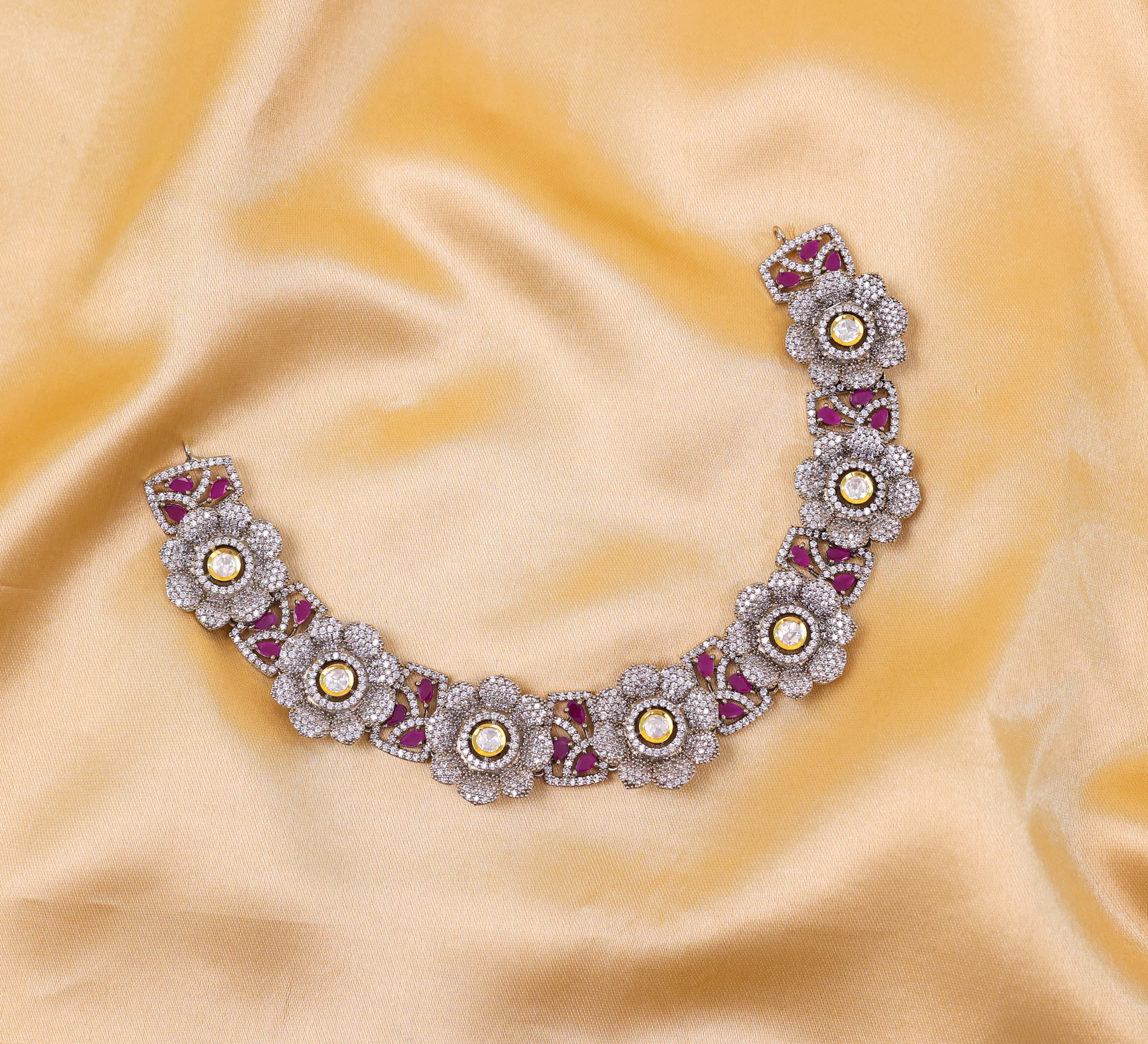 Kundan Polki and Hydro Stones Necklace Set in Antique Silver - Adisha Jewels