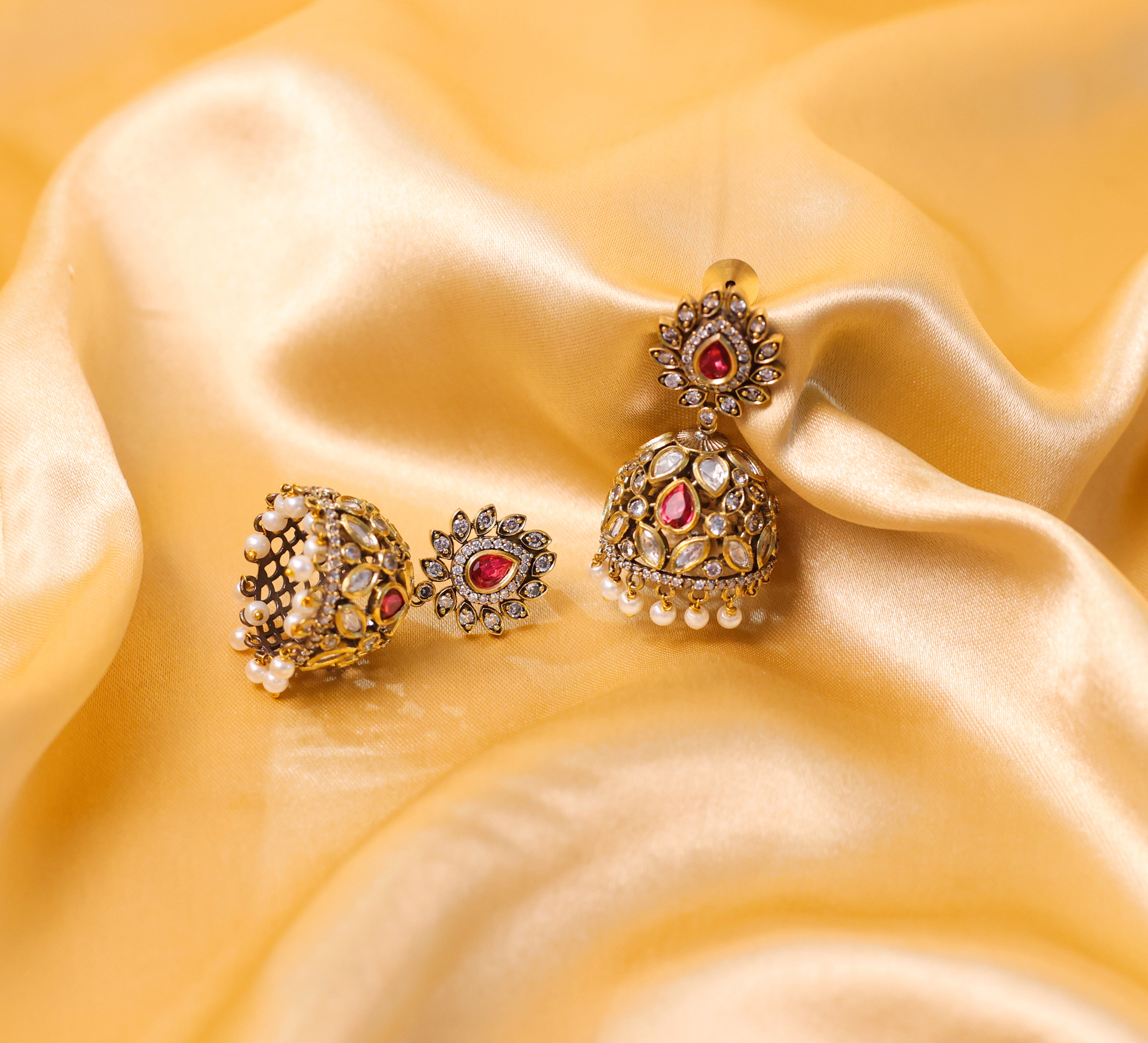 Silver Foil Victorian Jhumki Earrings with Kundan Polki and Hydro Stones - Adisha Jewels