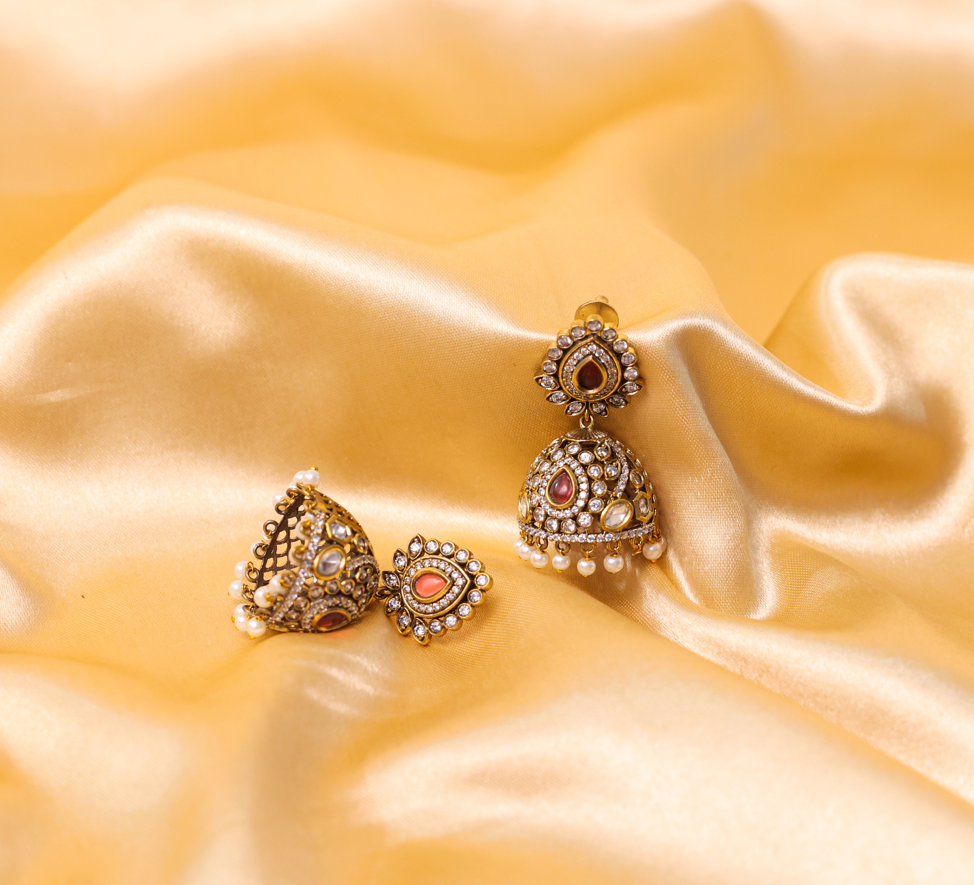 Silver Foil Victorian Jhumki Earrings with Kundan Polki and Hydro Stones - Adisha Jewels