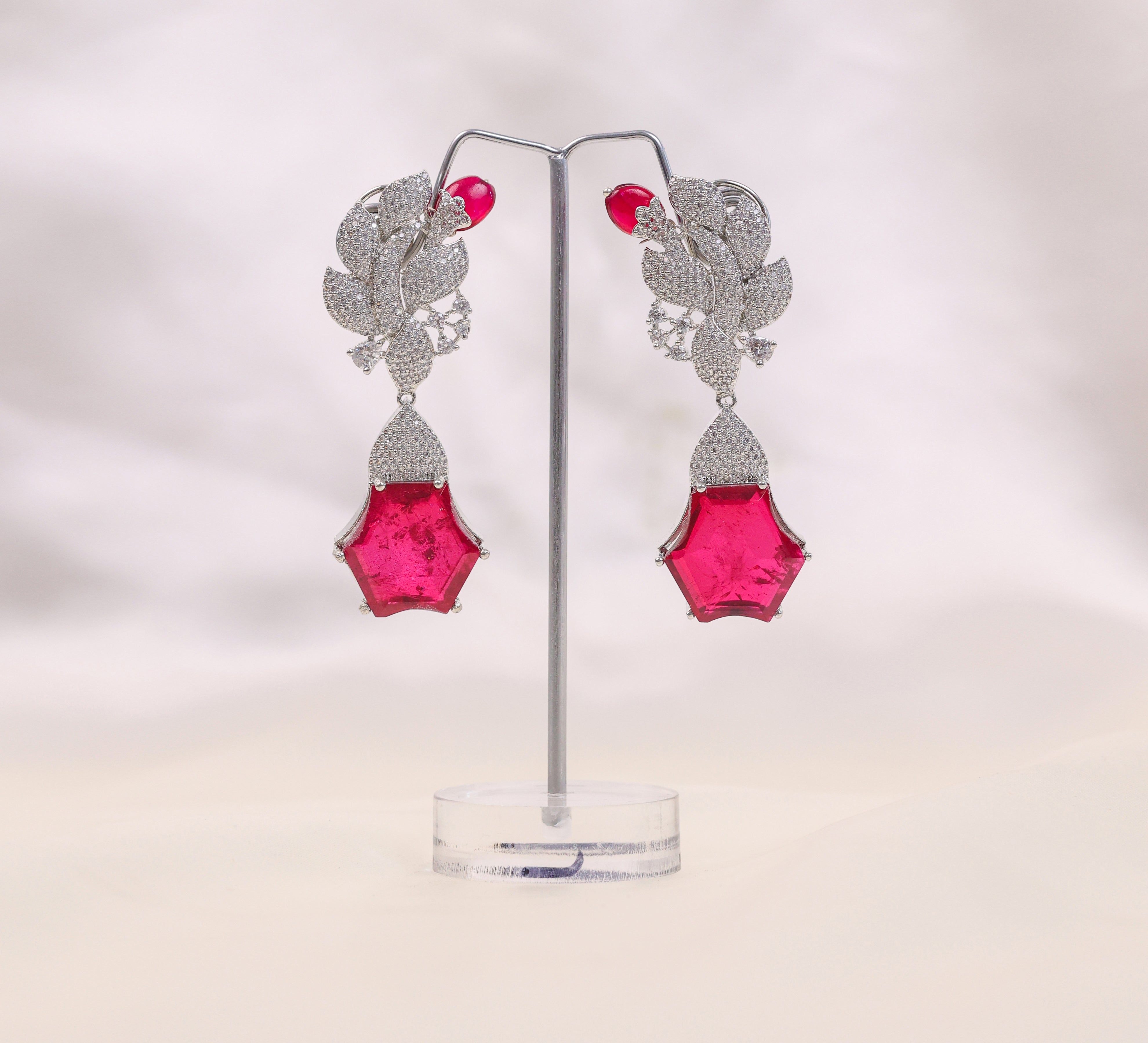 Beaded Earrings with Doublet Stones and CZ in White Rhodium - Adisha Jewels