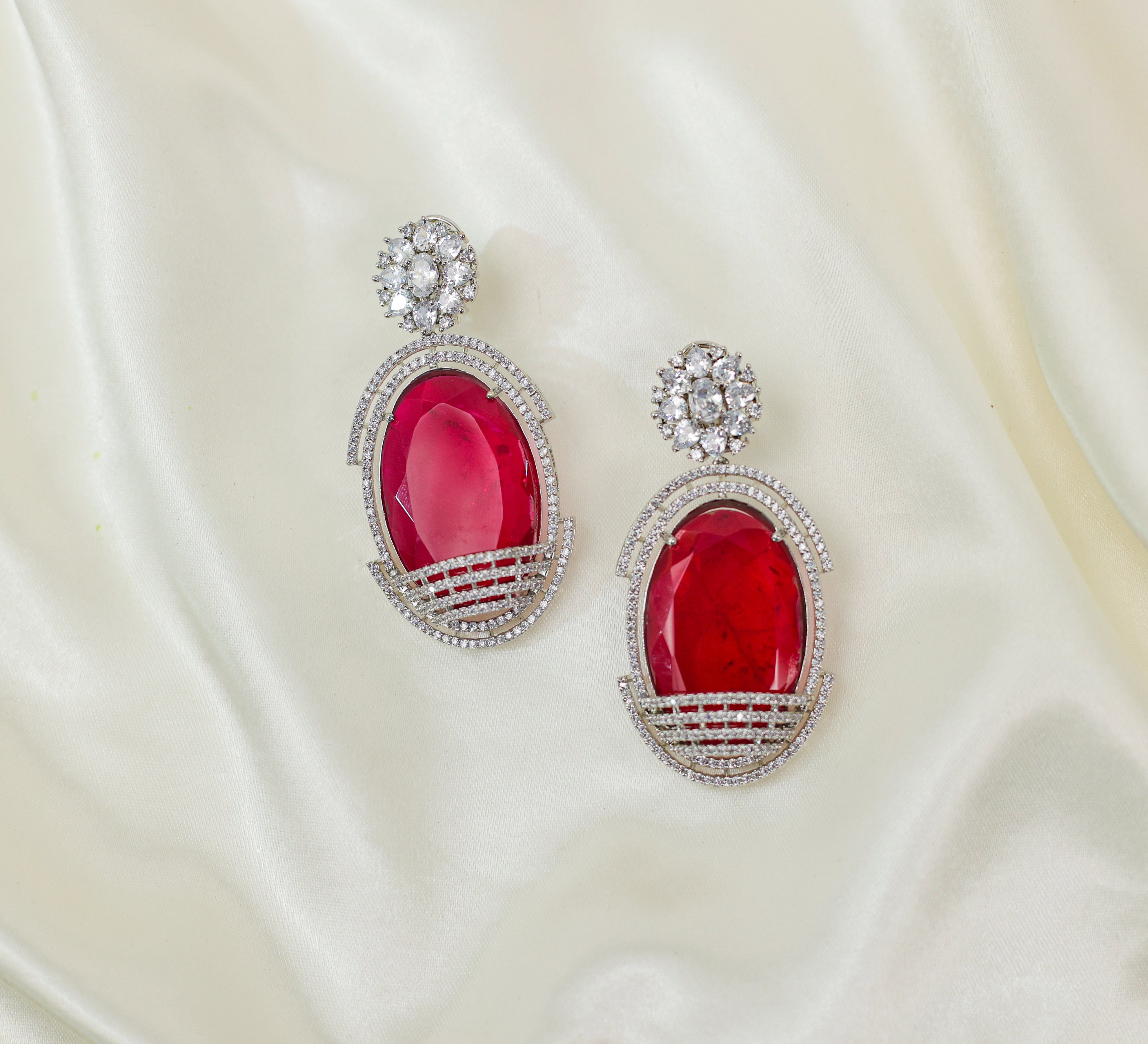 Doublet Stones Earrings with White Rhodium Plating - Adisha Jewels